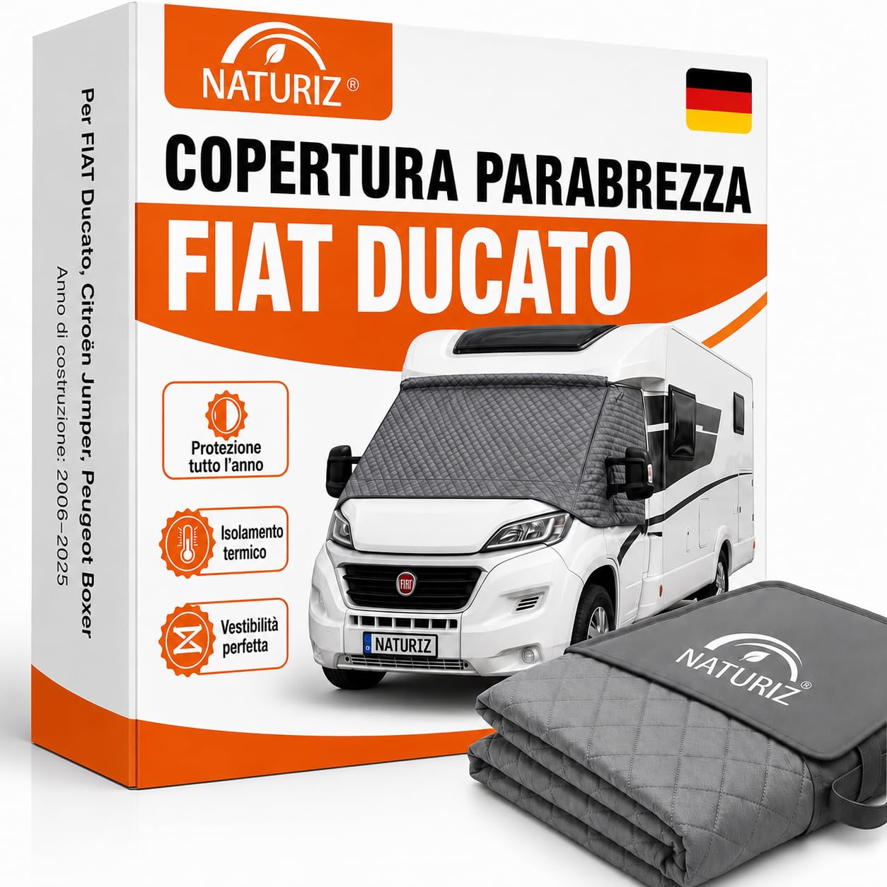NATURIZ® Fiat Ducato, copertura per parabrezza anteriore, tappetino termico esterno con parasole per camper, per Fiat Ducato, Citroen Jumper, Peugeot Boxer 2006-2025 (Fiat)