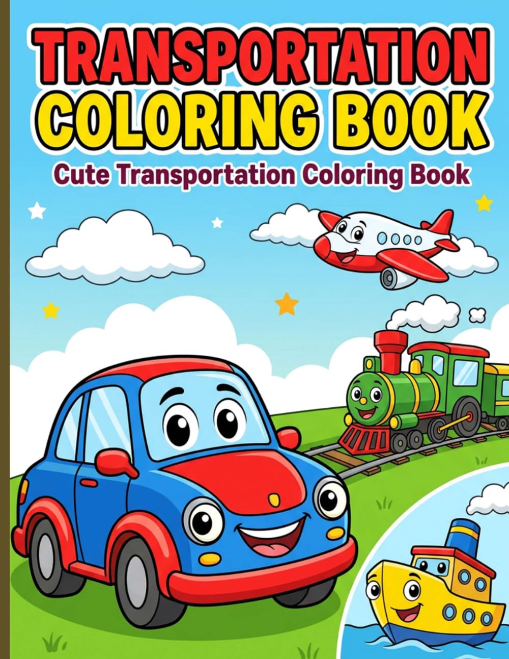 Cute Transportation Coloring Book: Adorable and easy coloring pages featuring smiling cars buses and trains in neat frames for boys and kids ages 4-8.