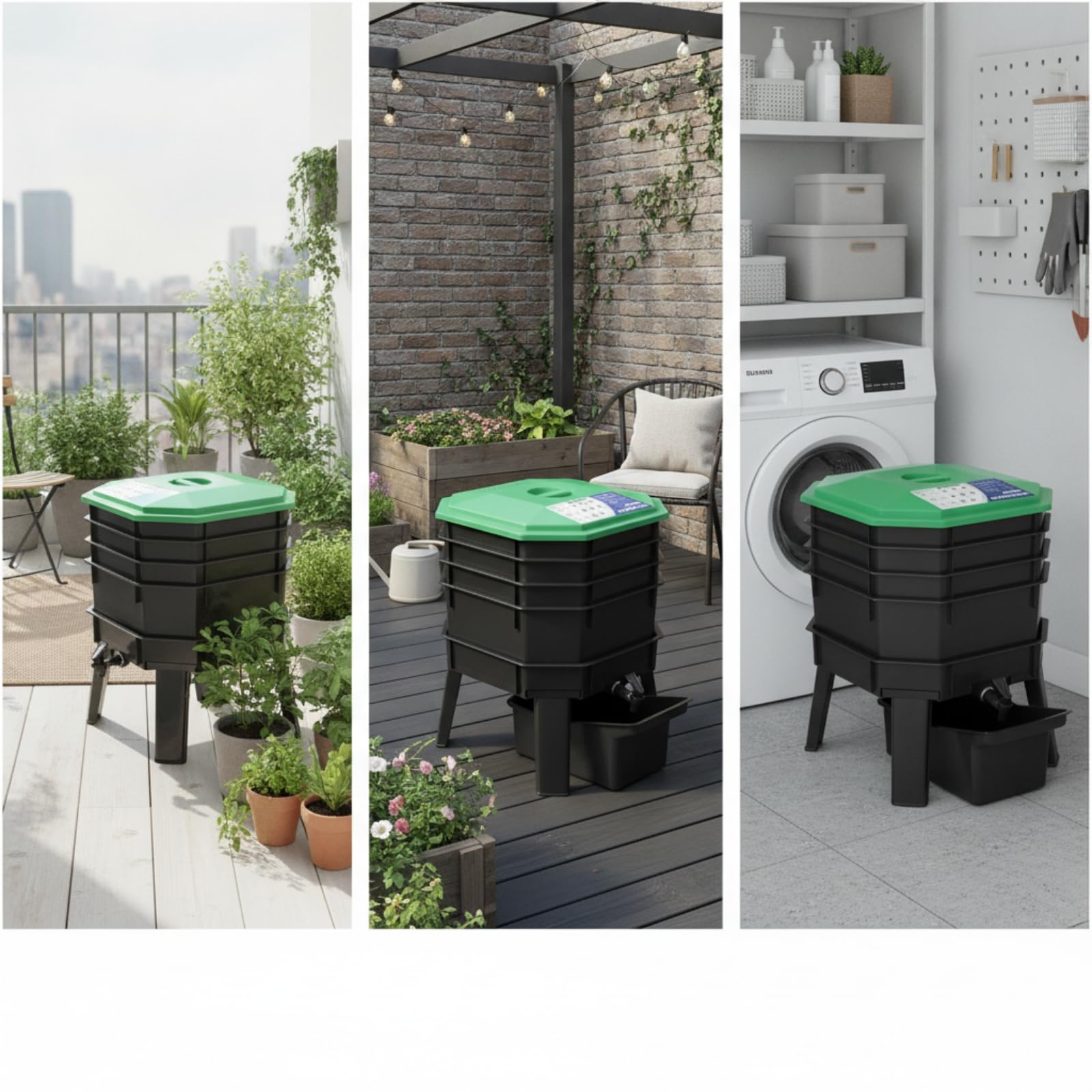 Wurmkomposter mit 4 Ebenen Stapelbar Kompostbehälter mit Auffangschale Kompakt Wurmkiste Zubehör für Terrasse