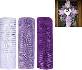 3 Rolls White Purple Deco Mesh Ribbon for Wreath Making Supplies, 10 Inch x 30FT Metallic Foil Burlap Deco Mesh Fabric for Easter Spring Christmas Door Wreath Swags and Decorating