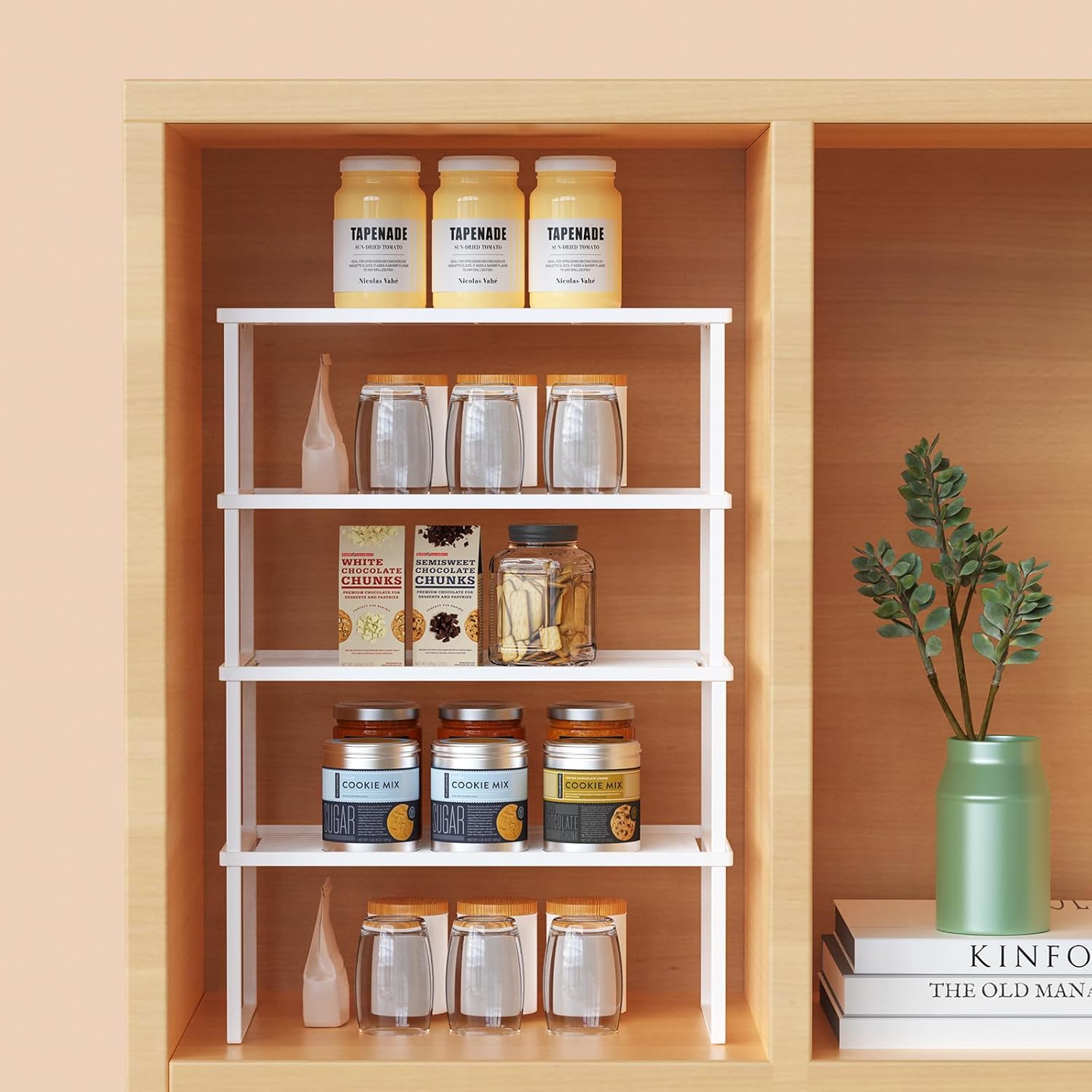 Metal Expandable Cabinet Shelf Organizer, Set of 4 Stackable Shelves for Pantry, Storage Countertop Shelf for Kitchen Counter, White, 17" L X 10" D X 6.3" H