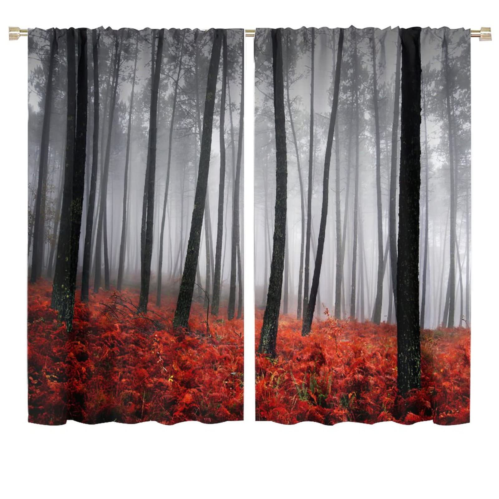 JESTRONRY Forest Window Curtain,Red Fantasy Misty Forest Trees Jungle Bushes Blackout Rod Pocket Window Drapes 2 Panel Set for Living Room Bedroom Kitchen Bathroom Decor W72xL63in