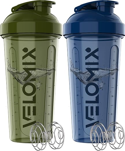 VELOMIX -2 Pack- 28 oz Protein Shaker Bottles Blue/Green