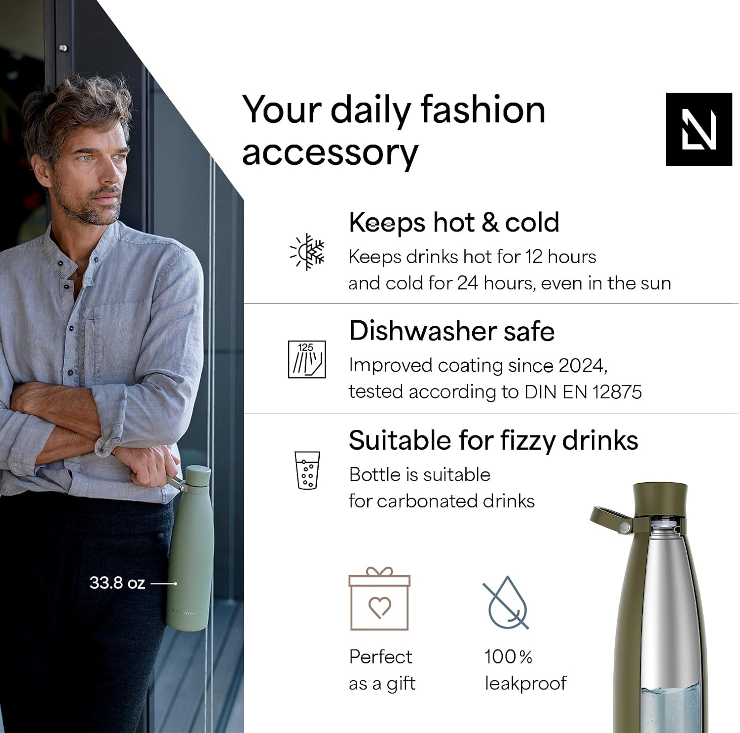 LARS NYSØM Stainless Steel Insulated Water Bottle 25oz 34oz | Insulated Thermo Flask for Hot and Cold Beverages | Leakproof Drinking Bottle (Olive Green, 25.4oz) - Image 2