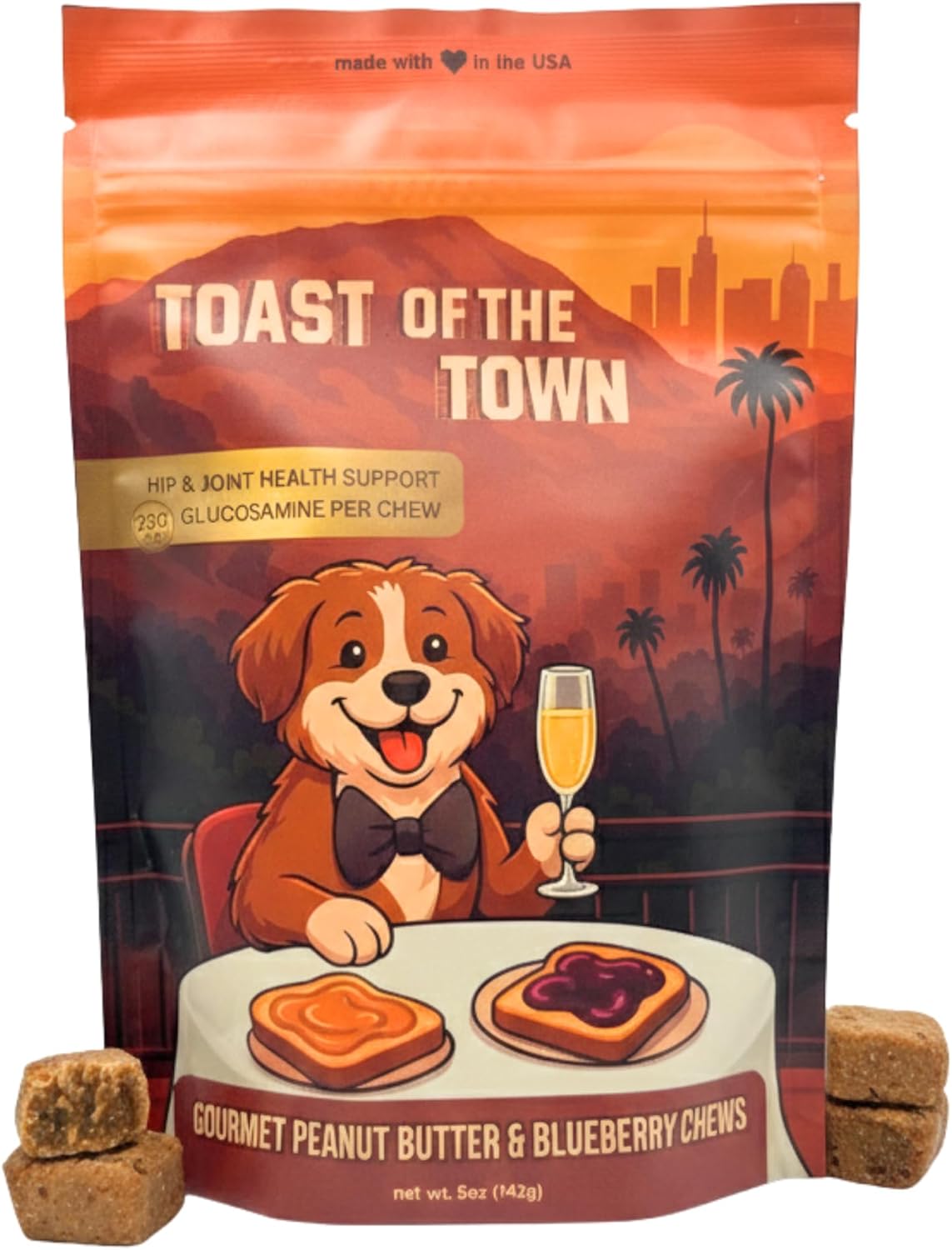 Toast of The Town, Hip and Joint Dog Chews with 200mg Glucosamine, Soft Peanut Butter Blueberry Mobility Treats, Training Rewards, Made in USA, No Xylitol, 5 oz