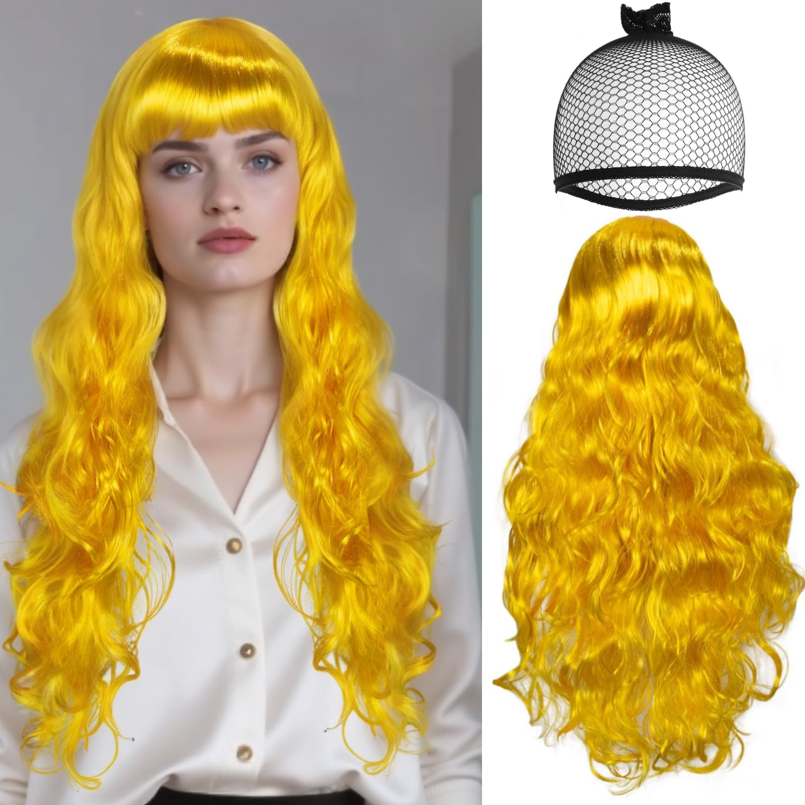 BEKIDER (+Hair Cap) Long Wavy Yellow Wig with Bangs Womens Yellow Curly Wig Cosplay Synthetic Wigs for Halloween Cosplay Fancy Dress Wigs Daily Party Outfit