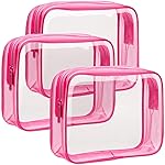 F-color TSA Approved Toiletry Bag 3 Medium - Clear Toiletry Bag Clear Makeup for Women, Quart Size Travel Bag, Carry on Airport Airline Compliant Bag, Matte Rose Red(for age 12 or above)