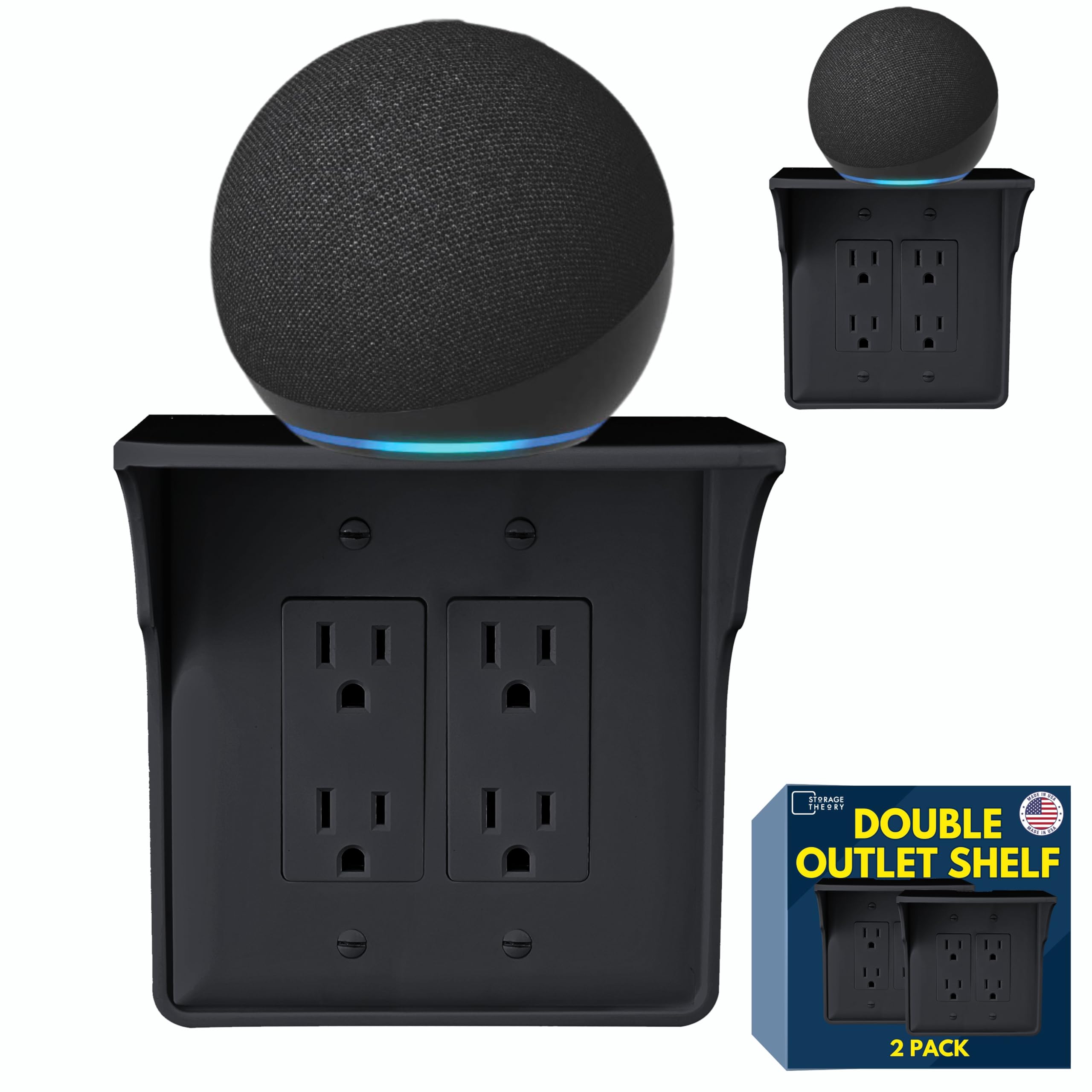 Storage Theory Power Perch Double Wall Outlet Shelf - Declutter & Reclaim Bathroom Counter Space - Alexa Stand, Apple Homepod Shelf, Toothbrush Holders Wall Mounted - Black, 2-Pack