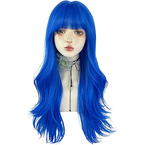 WKLOUYHE Blue Long Wavy Wigs with Bangs for Women - Loose Curly Synthetic Cosplay Wig for Girl - Colorful Costume Wigs