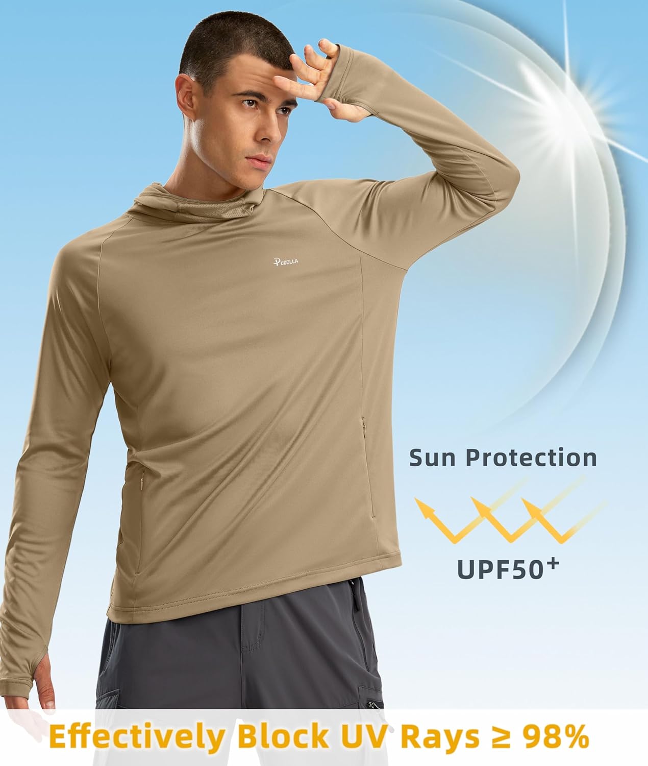 Pudolla Men's Sun Protection Hoodie UPF 50+ Fishing Hiking Shirt UV Shirts with Mask for Men Long Sleeve Lightweight - Image 3