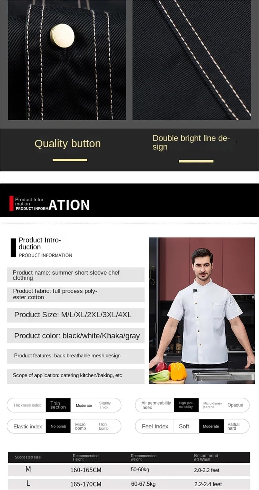 Giacca da Chef Divise da Cuoco Abiti Lavoro Estivi a Maniche Corte for Chef di Hotel, ristoranti, panetterie, cucine