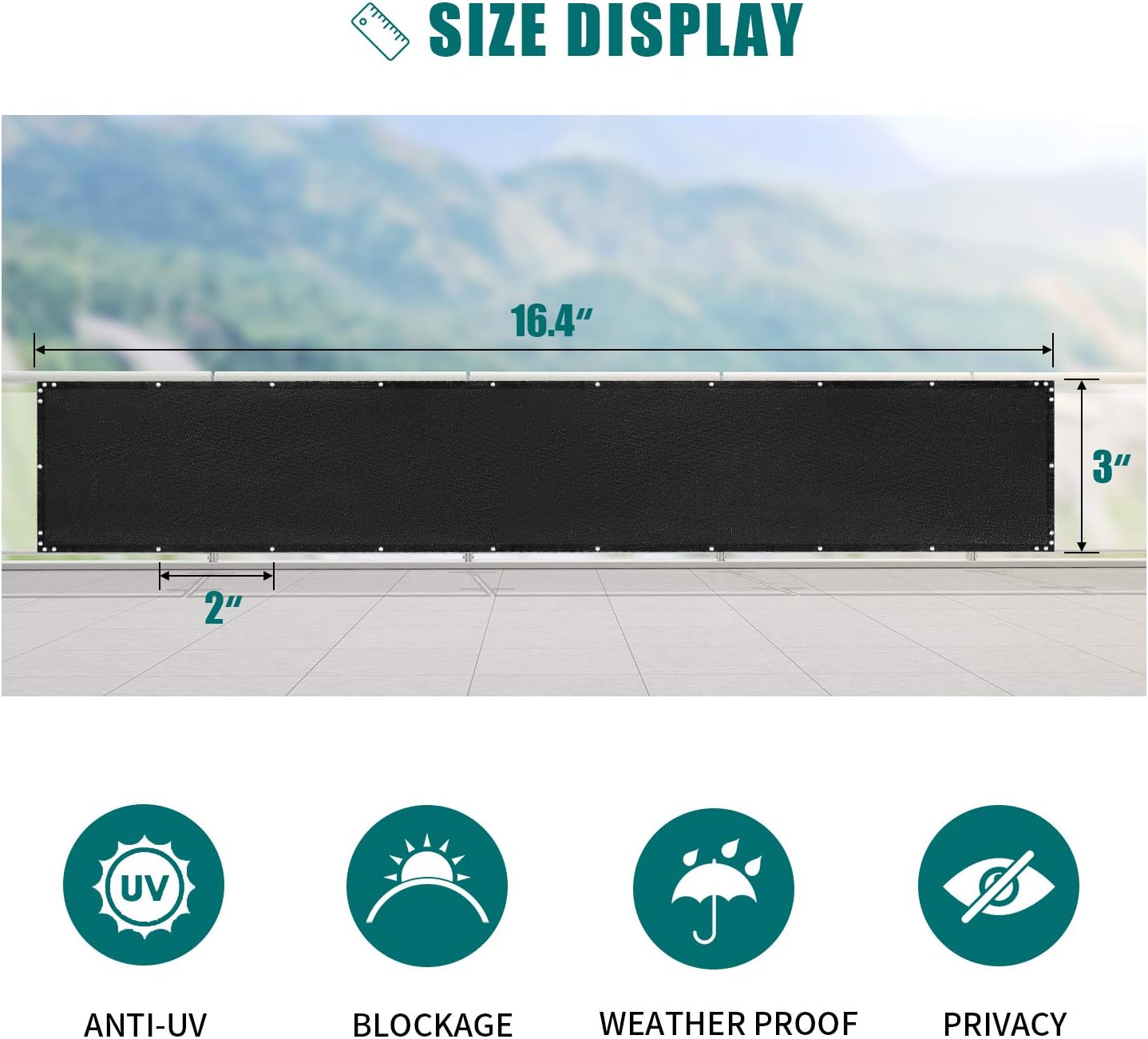OAK LEAF Balcony Privacy Screen Cover, Patio Privacy Screen 3'x16.4' with 39' Rope and 38 Zip Ties, Heavy Duty 210GSM Balcony Screen for Porch, Apartments or Outdoor, UV Weather Resistant, Black