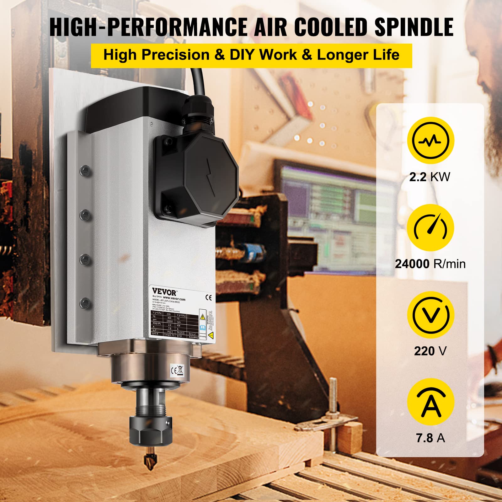 VEVOR Moteur de Broche Refroidi par Air Carré 2,2 kW Moteur Broche CNC 220 V Spindle Moteur Pince ER20 Moteur de Fraisage Refroidi par Air Moteur de Broche de Haute Vitesse Roulements en Céramique