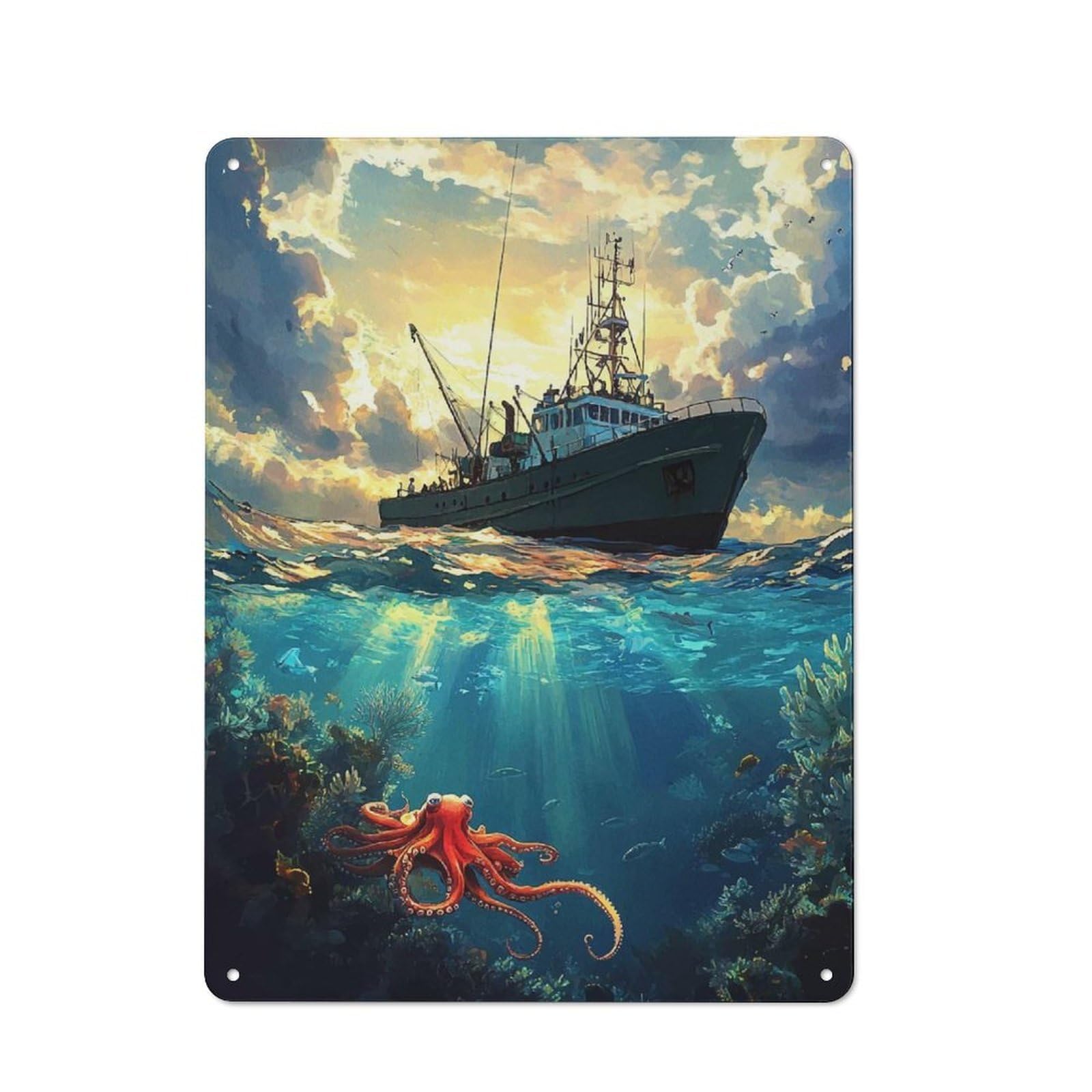 Junmoney Fishing Boat And Octopus Tin Wall Plaque 40X30cm With For Home Office Or Studio, For Metal Sign Collectors, For Garage And Workshop Walls