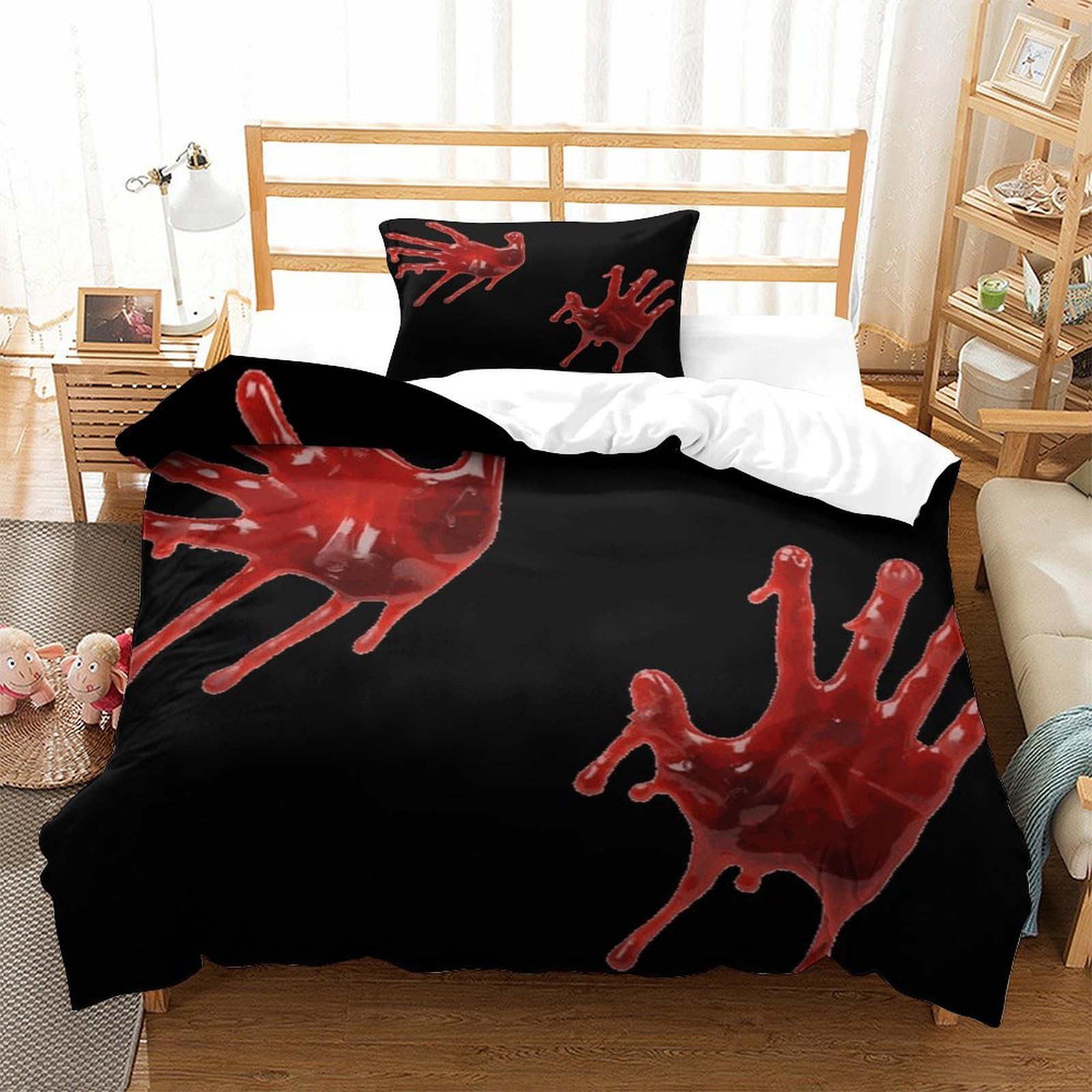 P1S9U7W5Y 3D Printed Bloody Handprint Duvet Cover Set 3pcs Microfiber Blood Stain Bedding Set Single（135x200cm）