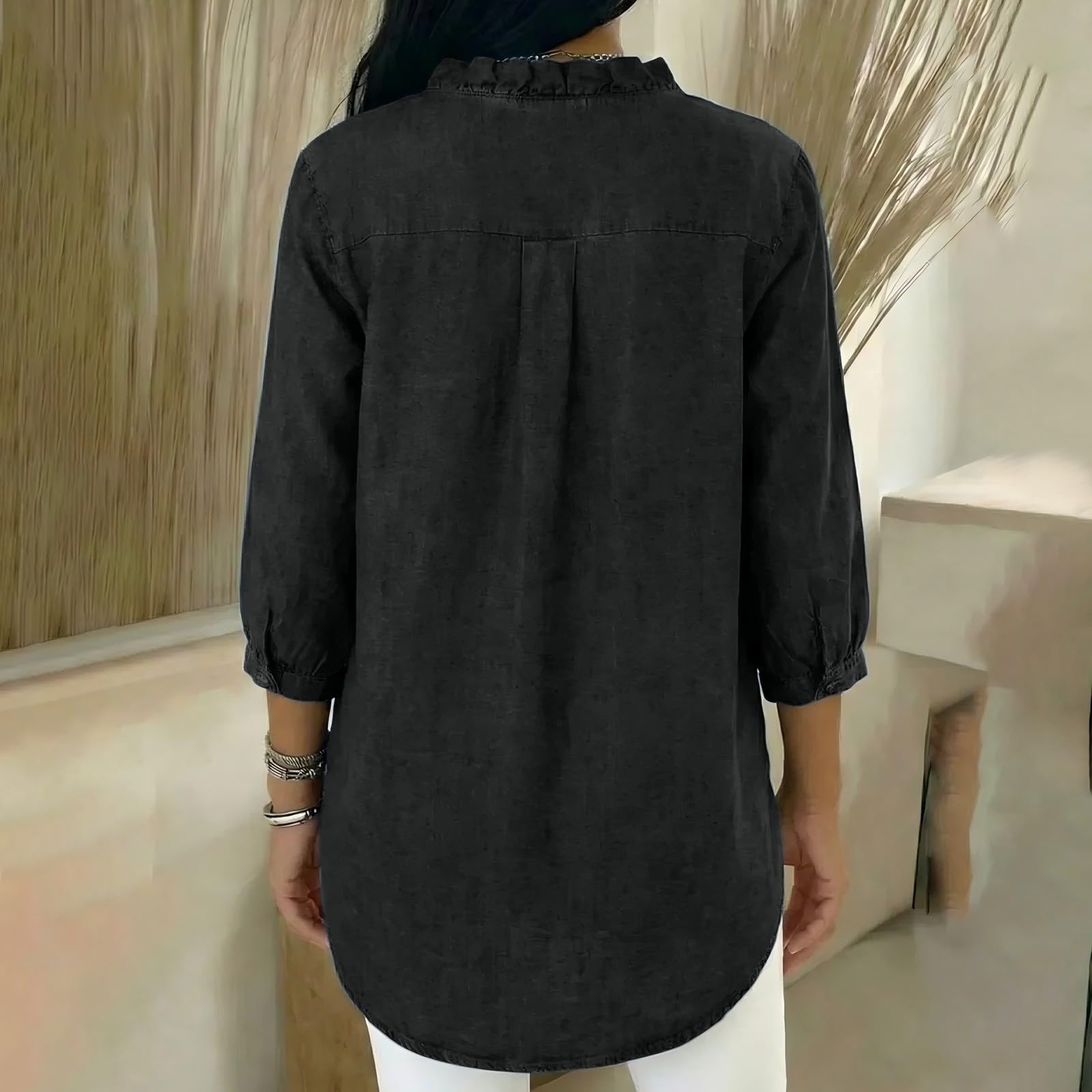 Chemise élégante pour femme avec volants – Chemise en jean pour femme à manches longues grandes tailles T-shirt col avec boutons style denim chemisier volants à la mode tunique décontractée