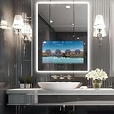 Haocrown 24"x32" Smart Bathroom Mirror TV&comma; Waterproof Anti-Fog Vanity Mirror with Built-in 21&period;5" Touch Screen&comma; Android Streaming Apps&comma; 3-Color Dimmable LED&comma; Bluetooth Wi-Fi HDMI&comma; Wall-Mounted&lpar;2025&rpar;