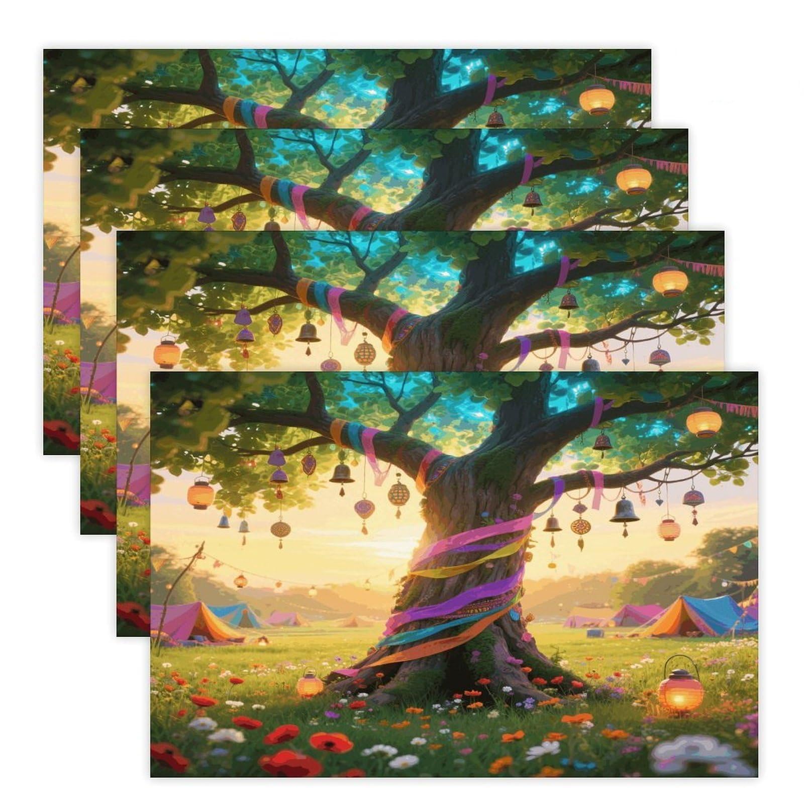 Boho Tree of Life Placemats Heat Resistant Non-Slip Place Mats Washable Wipeable Table Mat Kitchen Dining Table Decoration Placemats Indoor Outdoor Place Mats 17.7’’×11.8’’