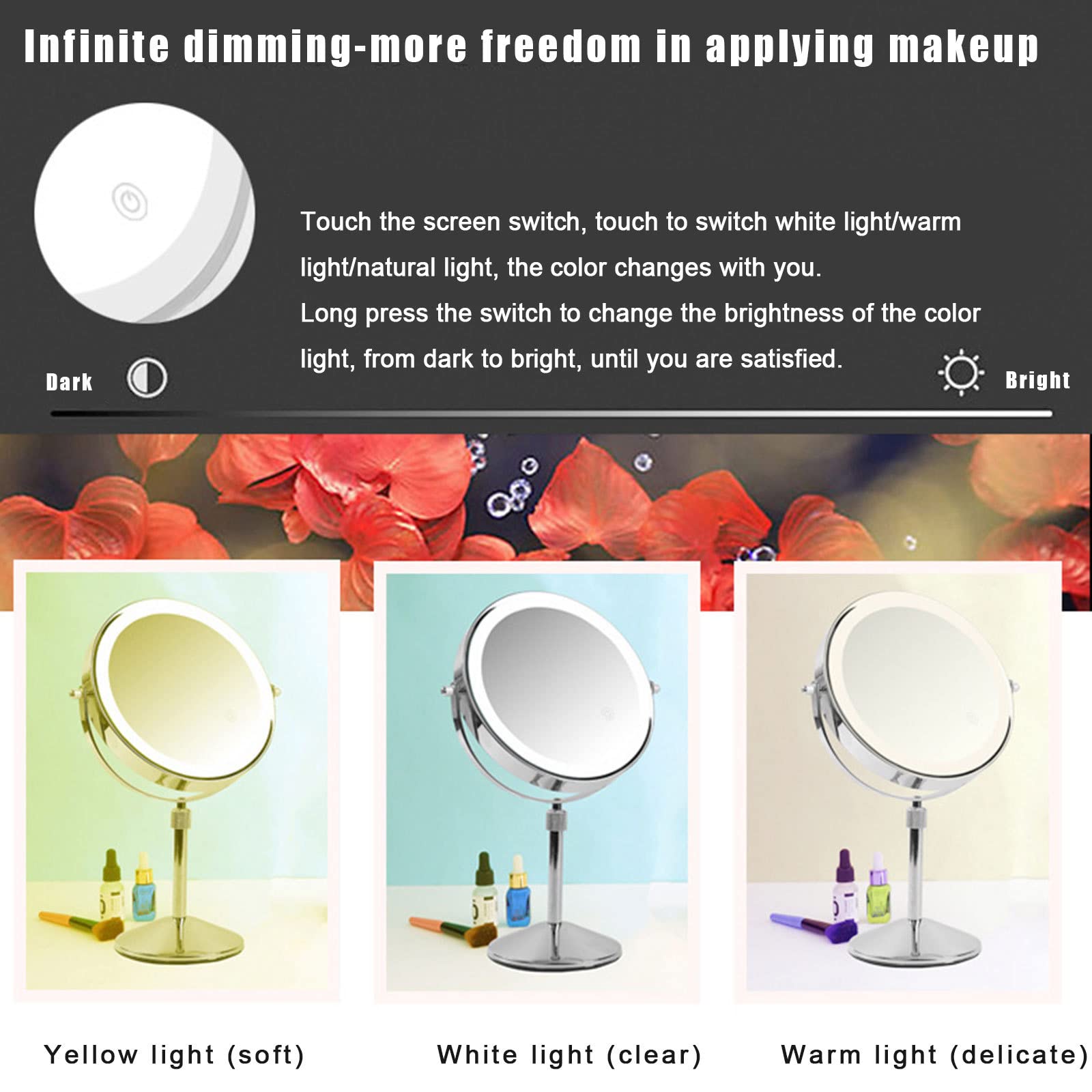 Espejo de Maquillaje Iluminado Recargable de 7 '' con elevación y Aumento, Espejo cosmético de encimera Redondo Ajustable para tocador, tocador, baño, Ampliación a Doble Cara,1X/3X