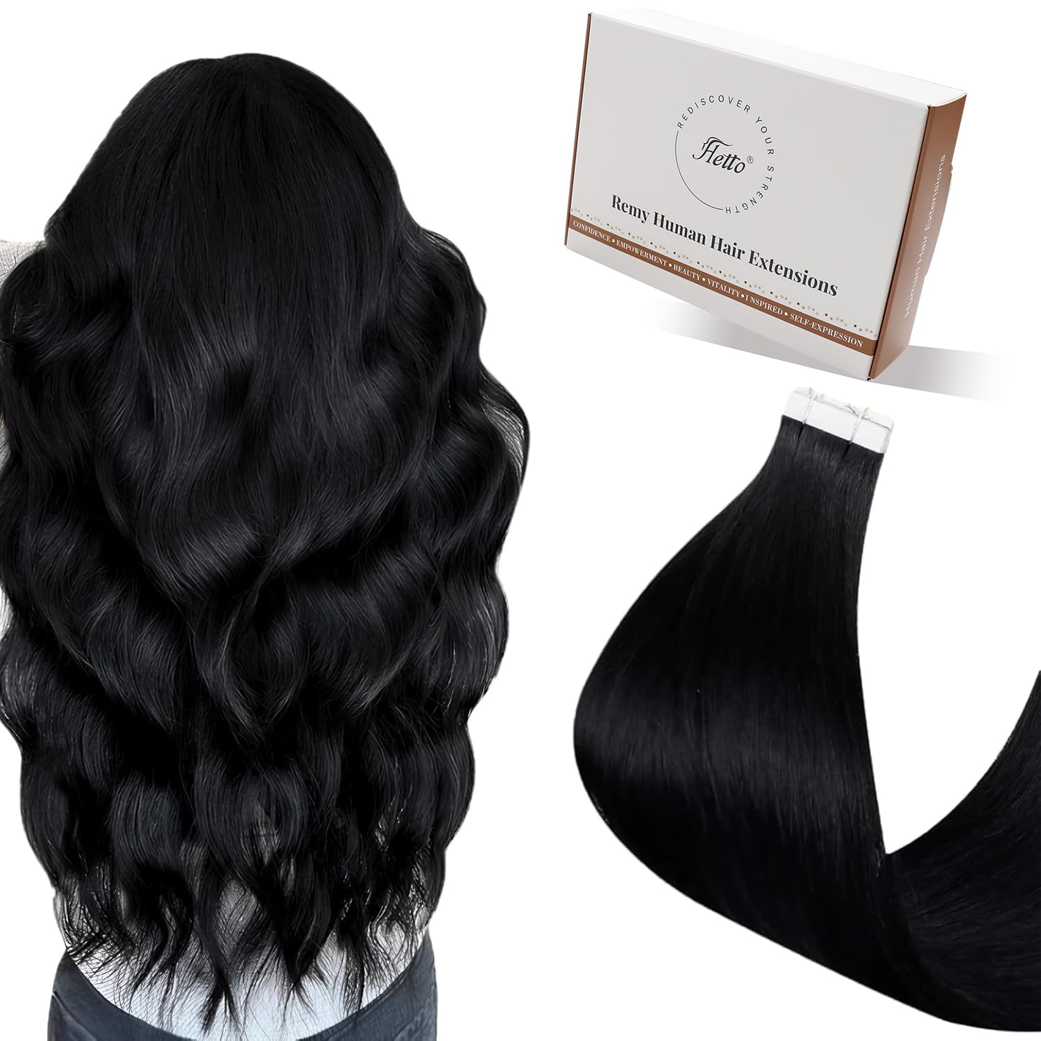Hetto Tape in Hair Extensions Human Hair Jet Black Tape in Hair Extensions Real Human Hair Tape Extensions Invisible 24 Inch 50g