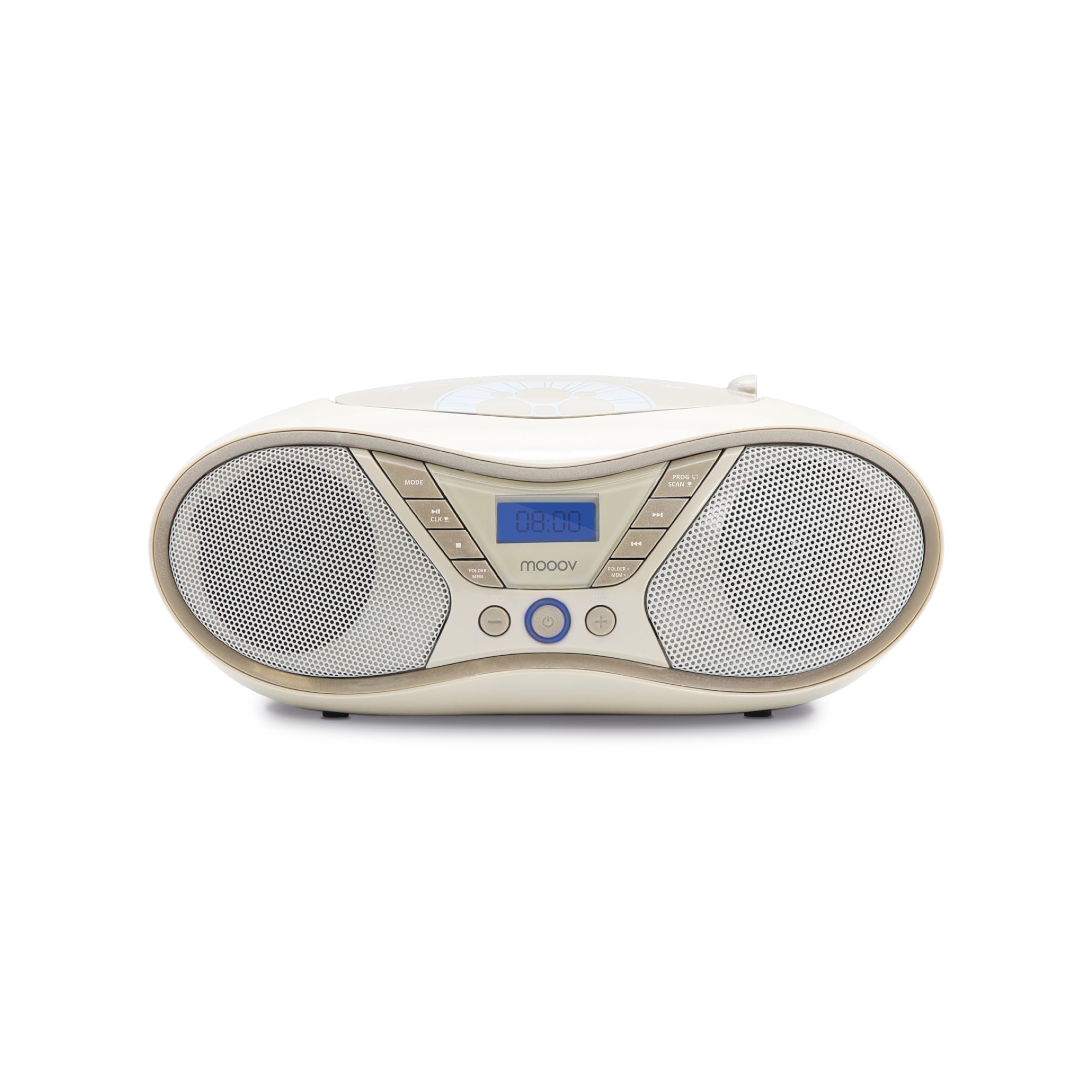 MOOOV Soft Grey, lettore CD portatile, riproduzione CD-R/CD-RW/CD-MP3, radio FM, porta USB, audio stereo 6W, impugnatura ergonomica, funziona su alimentazione o batterie