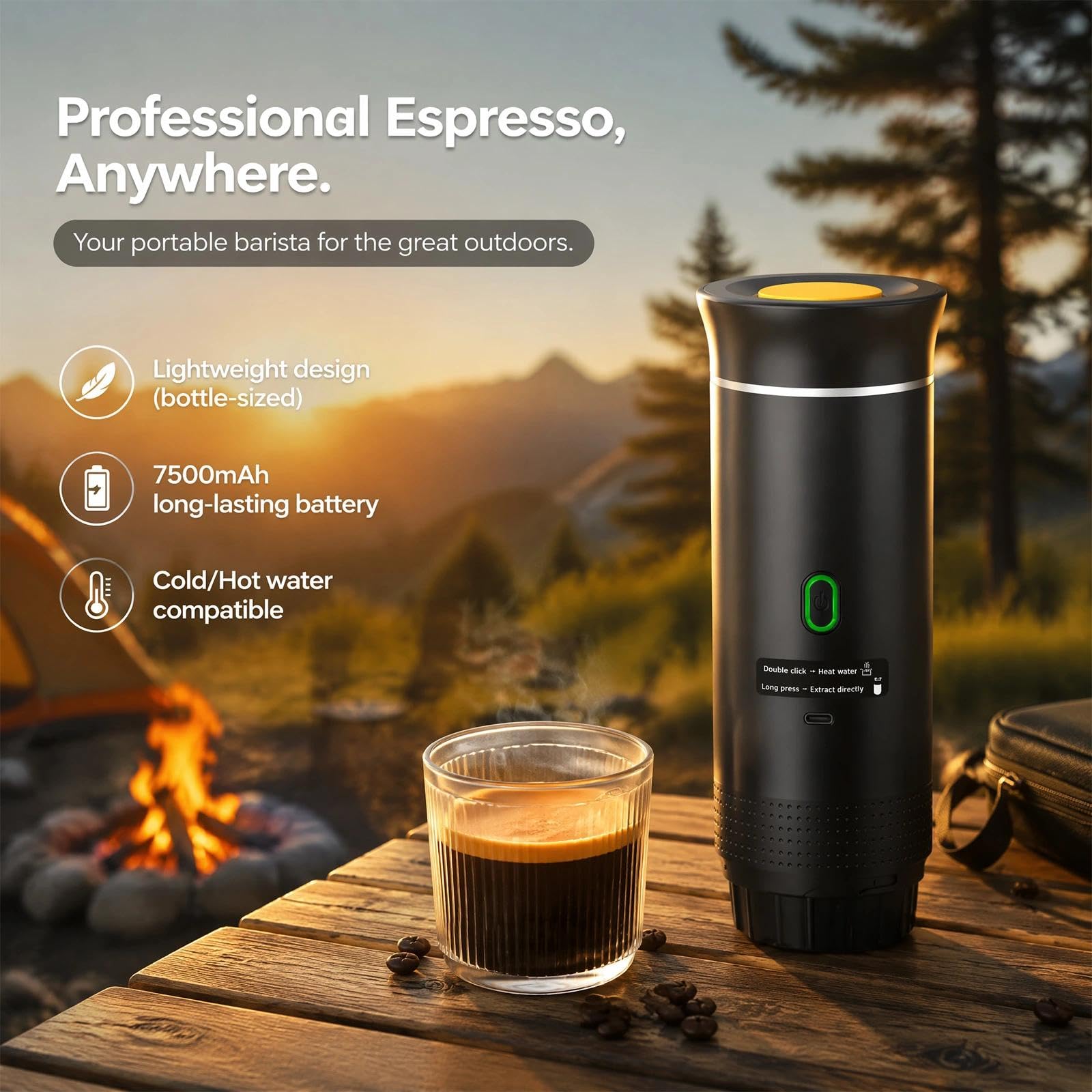 Cafetera Espresso Eléctrica Portátil 3 en 1, Maquina Cafe Capsulas 20 Bar | Cafetera de Viaje para Camping, Cafetera de Coche Autocalentable con USB C para Cápsulas Pequeñas o Grandes y Café Molido