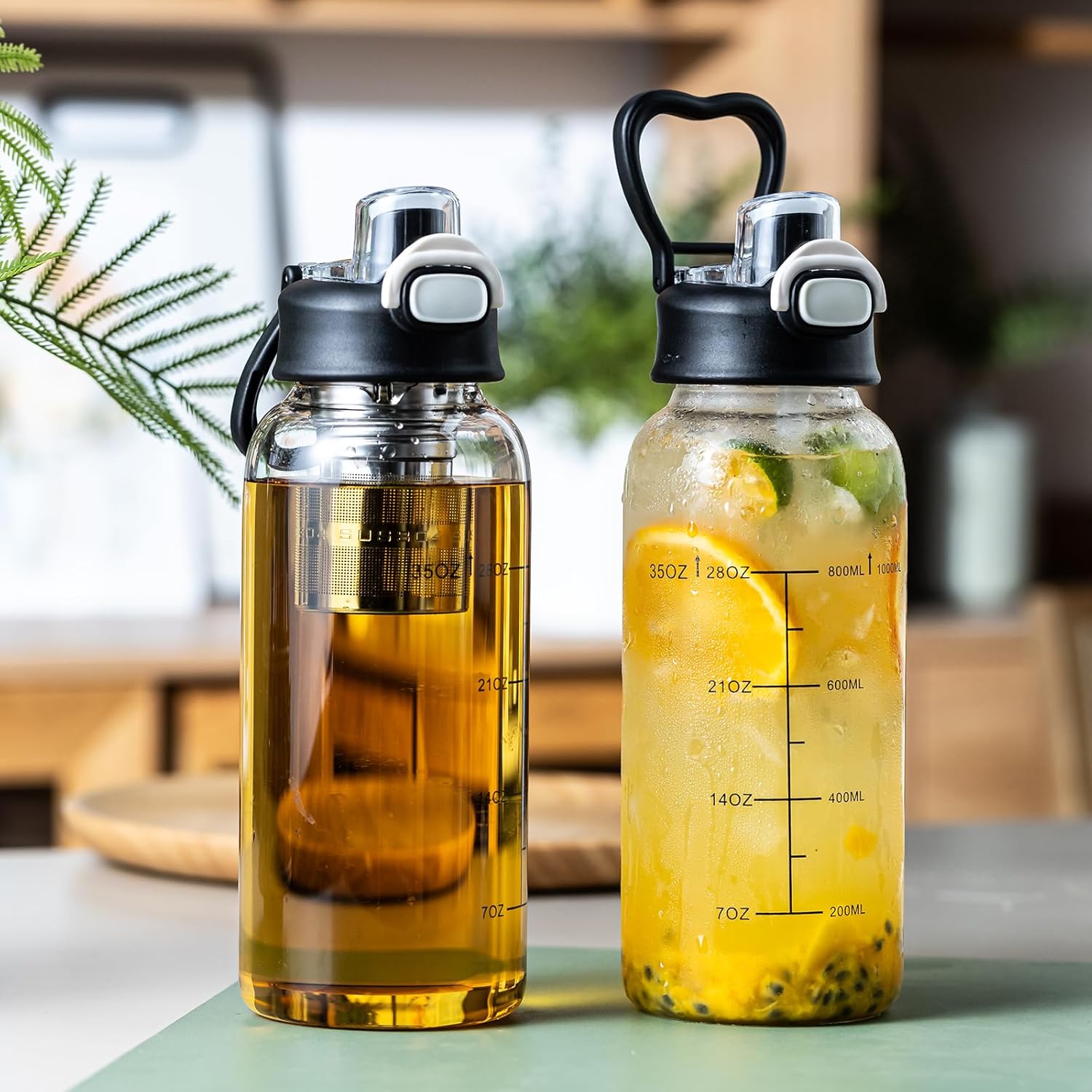 35oz Glass Water Bottles with Time Marker & Straw, BPA-Free Leakproof Glass Drinking Bottles with Protective Sleeve & Tea Infuser for Office Travel Sport (1PCS) - Image 6
