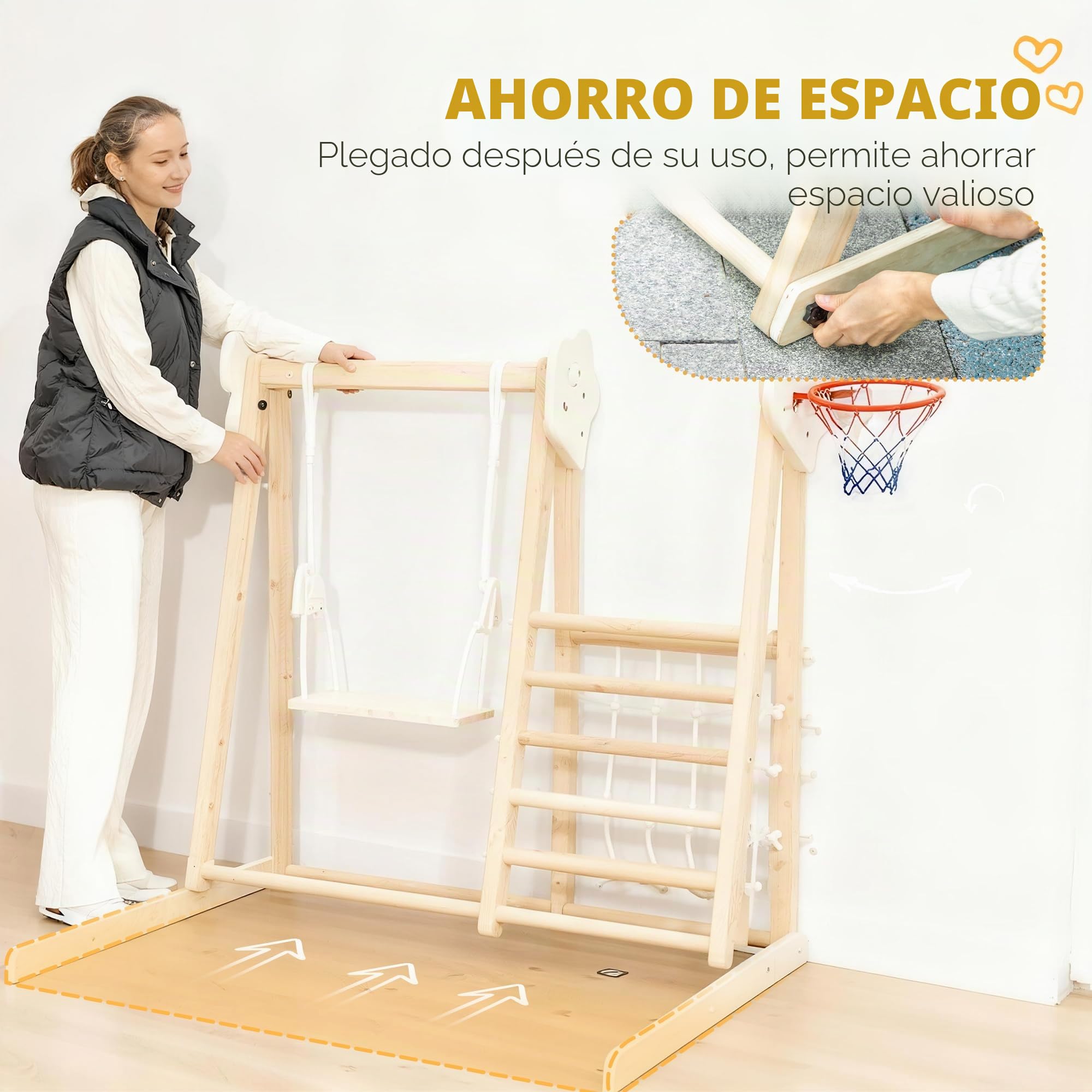 AIYAPLAY Tobogán Infantil 5 en 1, Estructura de Escalada de Madera con Tobogán, Columpio, Aro de Baloncesto, Tabla, Red de Escalada, Parque Plegable para Niños de 3-6 Años, Interior, Exterior, Natural