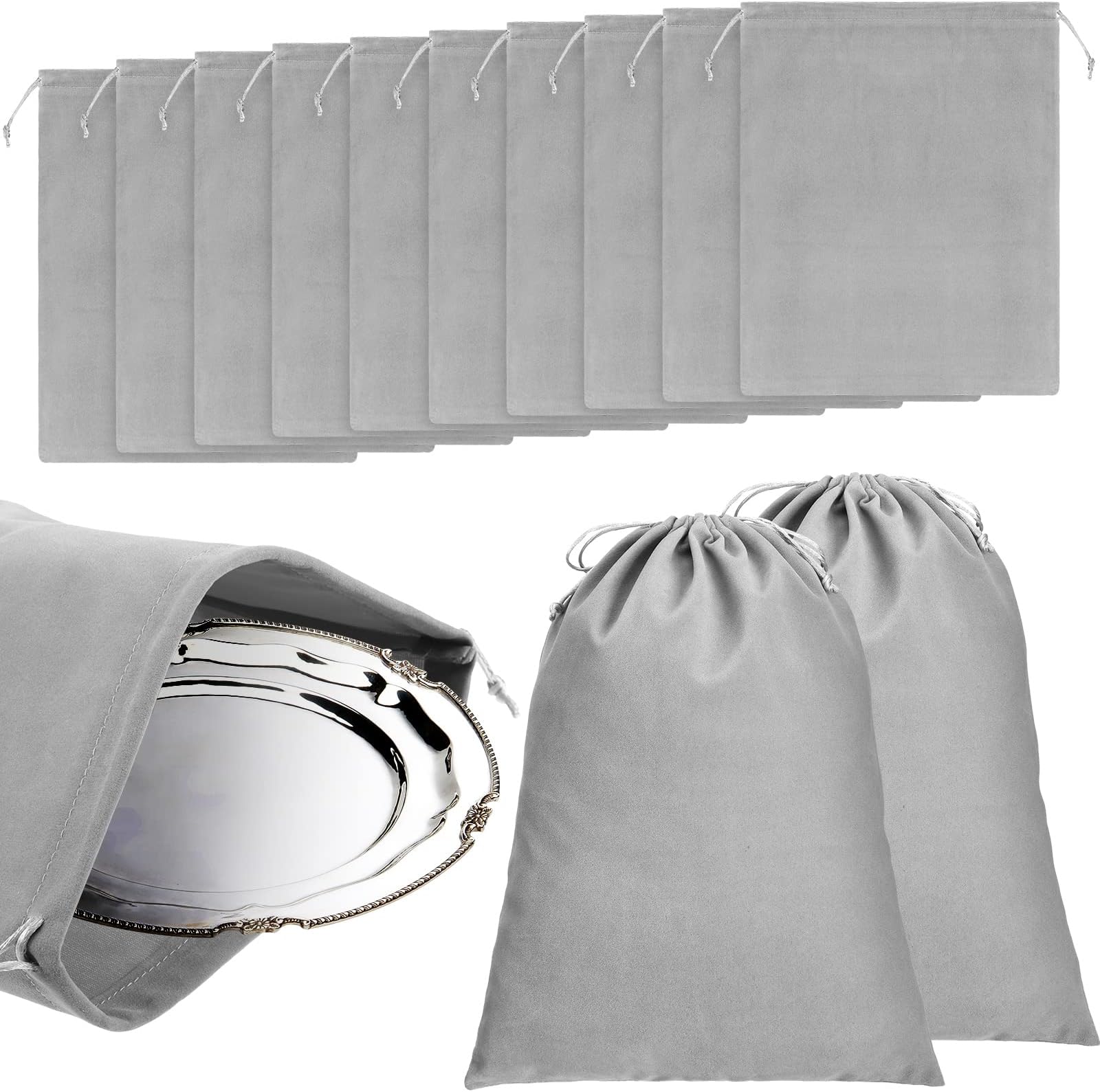 Boao 10 Pcs Silver Storage Bags, 9 x 11.8 Inch Fabric Cloth Anti Tarnish Bags for Silver Jewelry Silverware Protection Flatware Silverplate Tarnish Cleaning(Dark Gray)