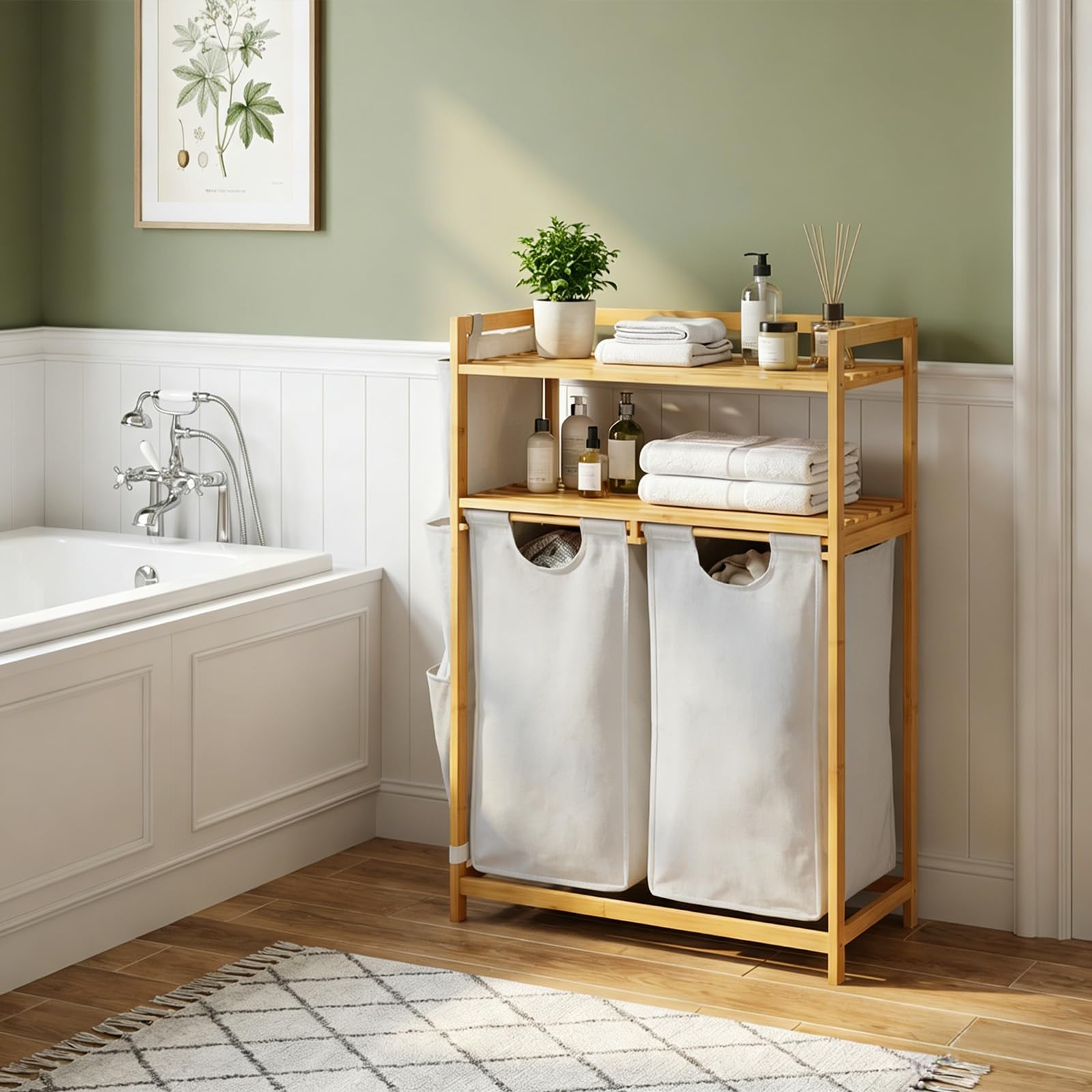 Wäschekorb 2 Fächer 100L, Bambus Wäschesortierer mit Ablage&Seitentasche, quadratischer Wäschesammler mit herausnehmbaren, stabilen Säcken, platzsparend (Beige, Modelle mit Erhöhsohle)
