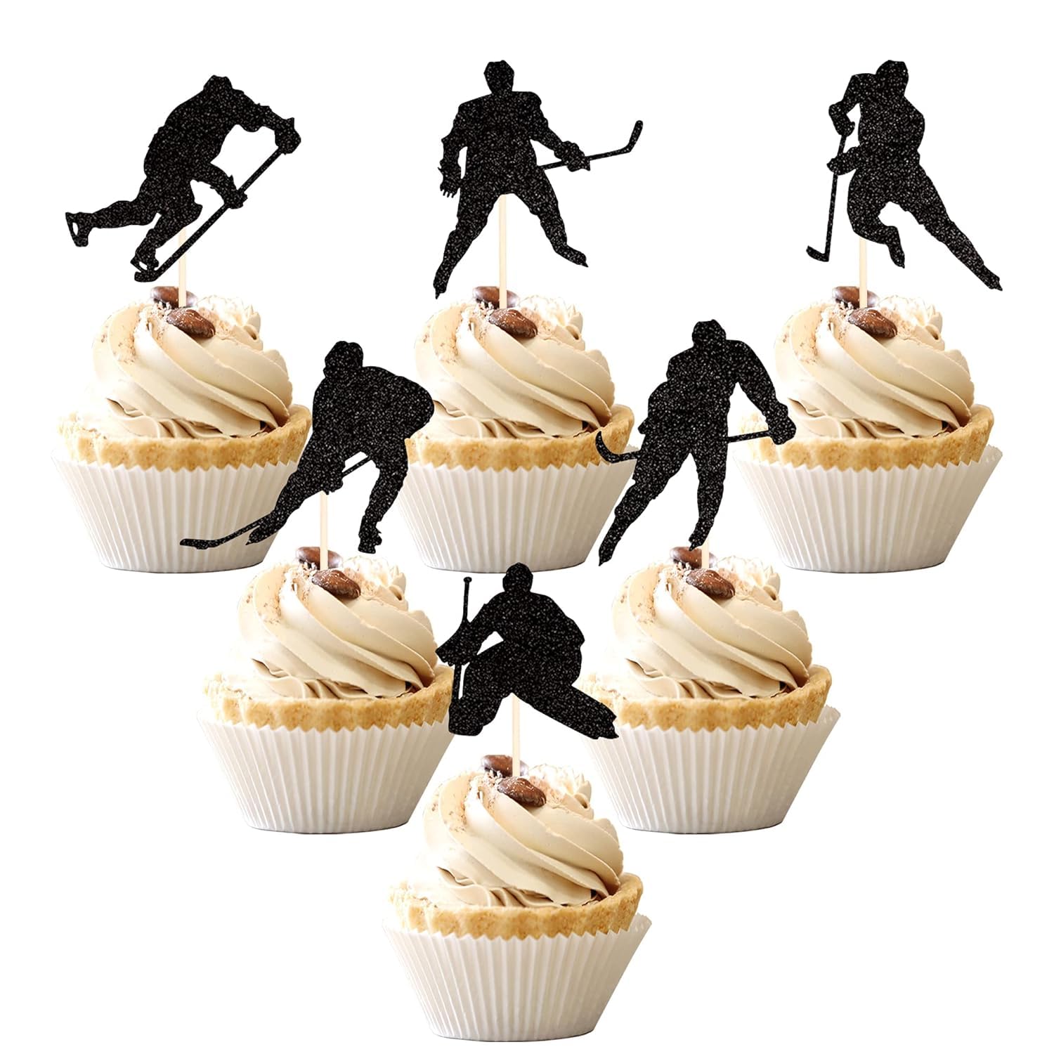 Pack of 24 Ice Hockey Cake Decorations Glitter Hockey Cupcake Toppers Ice Hockey Player Cake Decoration for Hockey Sports Theme Baby Shower Boys Girls Birthday Party Cake Decorations Black โ image 1