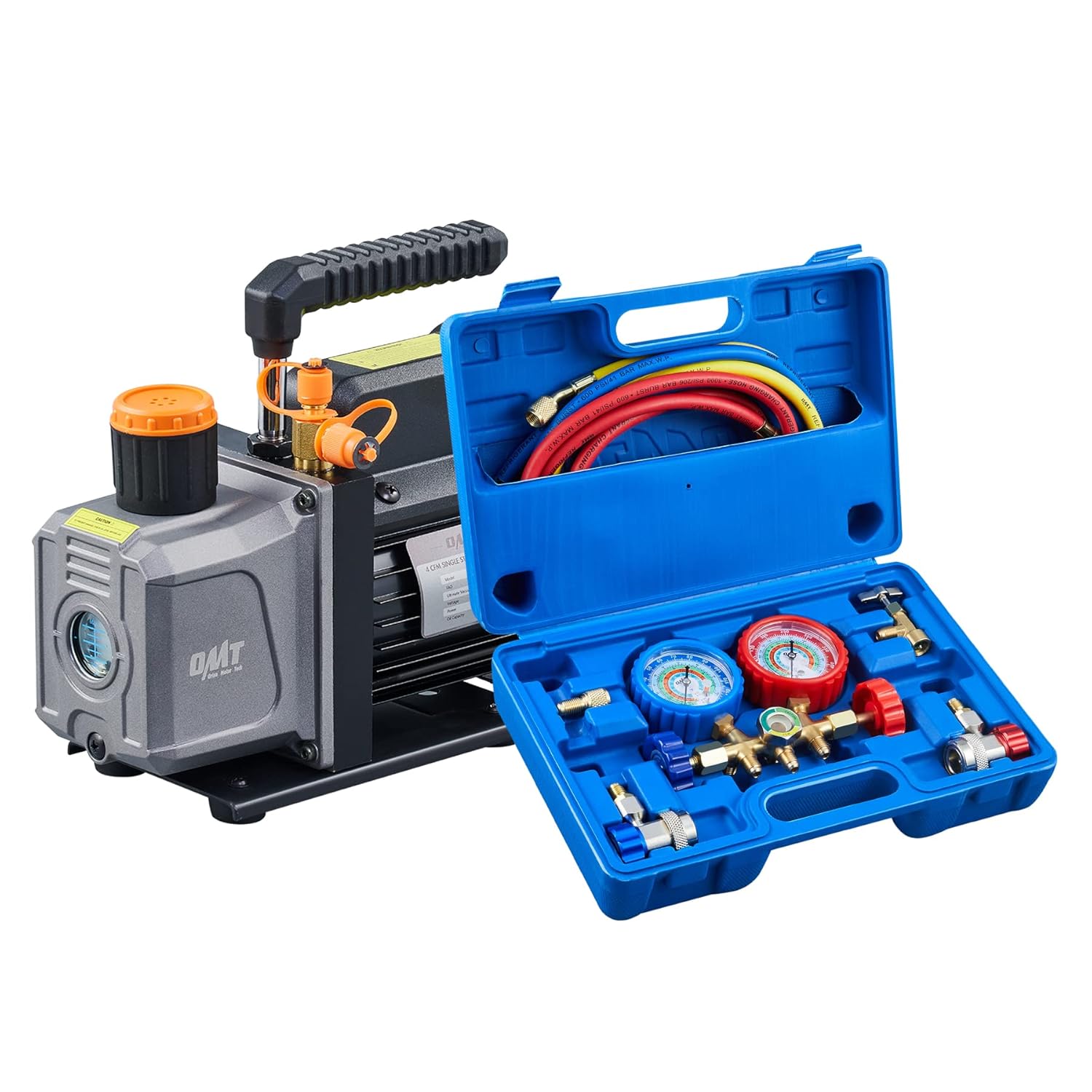 OMT AC Vacuum Pump Kit and Gauge Set for R134a R12 R22 R502 and 4cfm 1 Stage HVAC