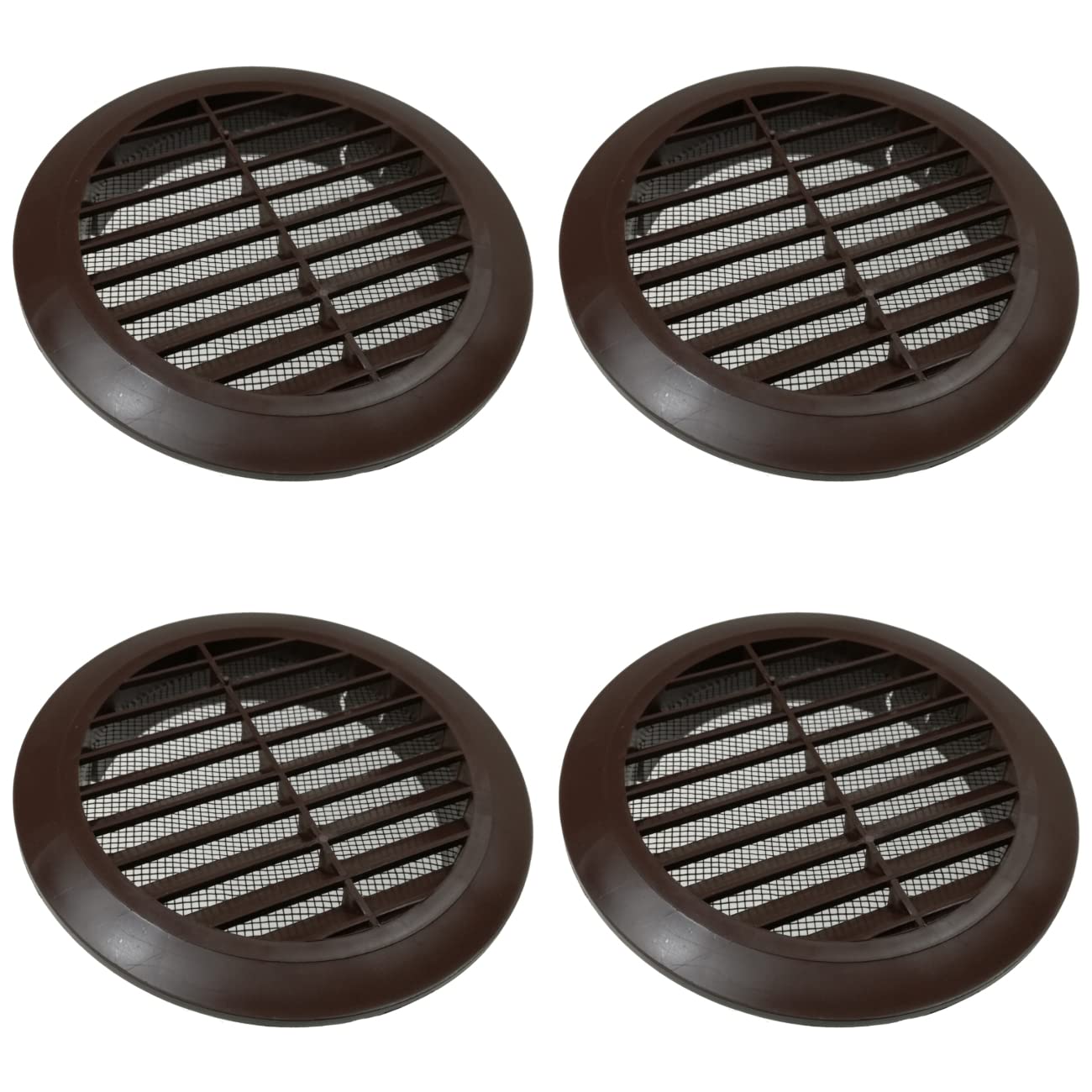 4 Pcs of Brown Louvred Wall Vent Grille with Flyscreen for Ø 100 mm / 4" Round Wall Outlet - Air Ventilation Duct Cover with Anti-Insect Mesh and Rear Spigot, Tough and Durable ABS Plastic