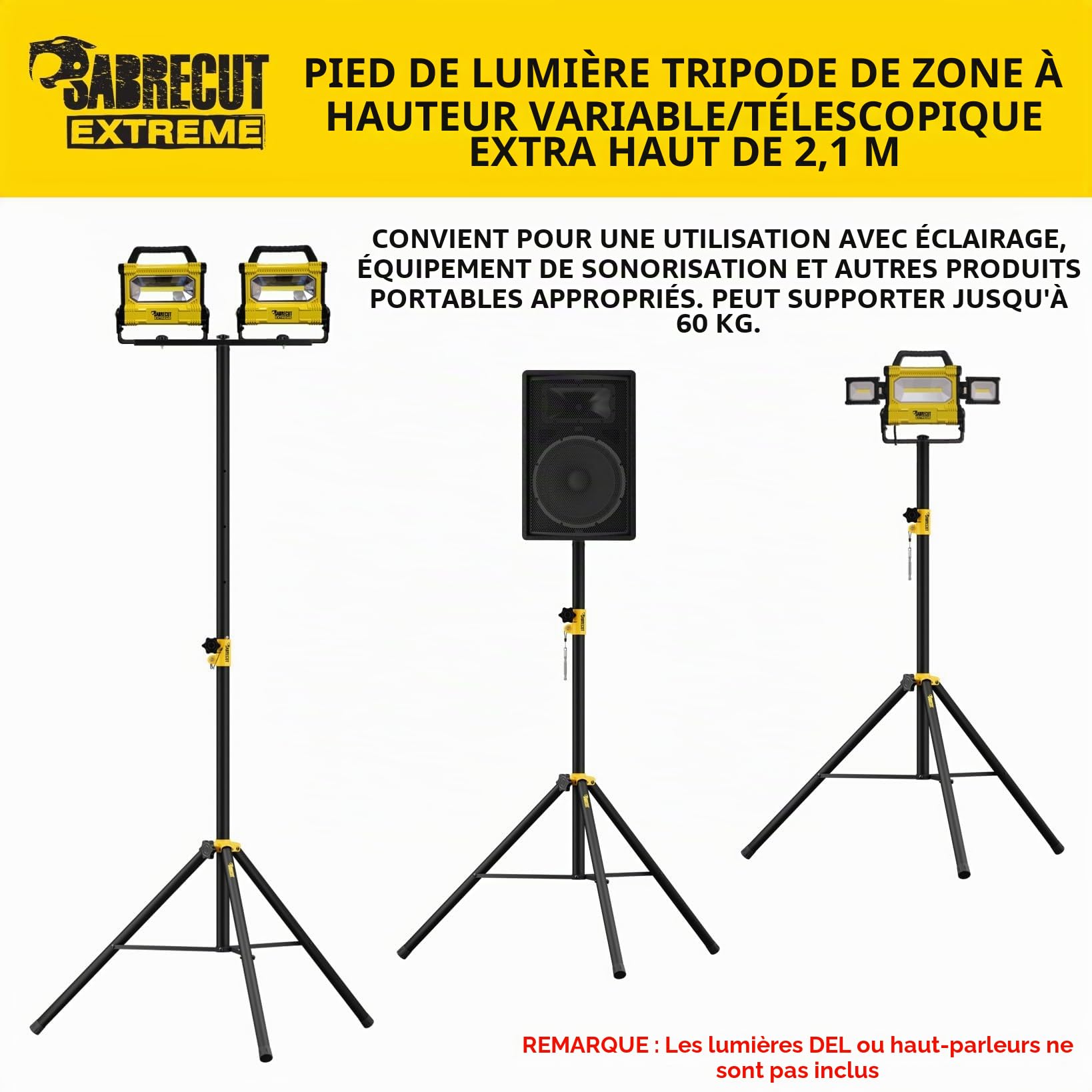 SabreCut SCLEDTRIPB Trépied télescopique extra haut à hauteur variable de 2,1 m pour lampe de travail projecteur de site équipement de sonorisation