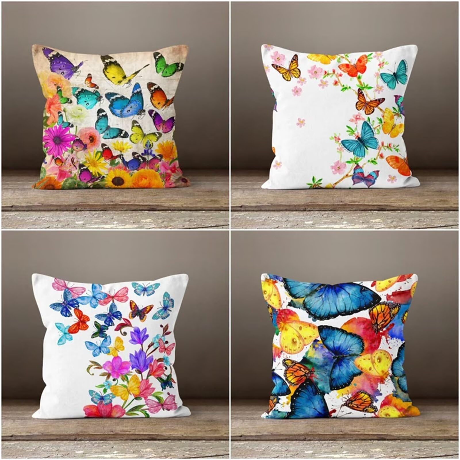 Heaen Outdoor Cushions Covers Waterproof 35x35 cm Set of 4 Square Linen Pillow Cases Watercolour Butterfly Decorative Dushions for Sofa Porch Patio Home Decor