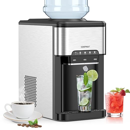 COSTWAY Water Dispenser with Ice Maker, 3-in-1 Countertop Hot/Cold Dispenser with Ice Machine, 2 Ways to Add Water, Child Safety Lock, 12 Cubes, Portable Water Cooler for Home Kitchen Office