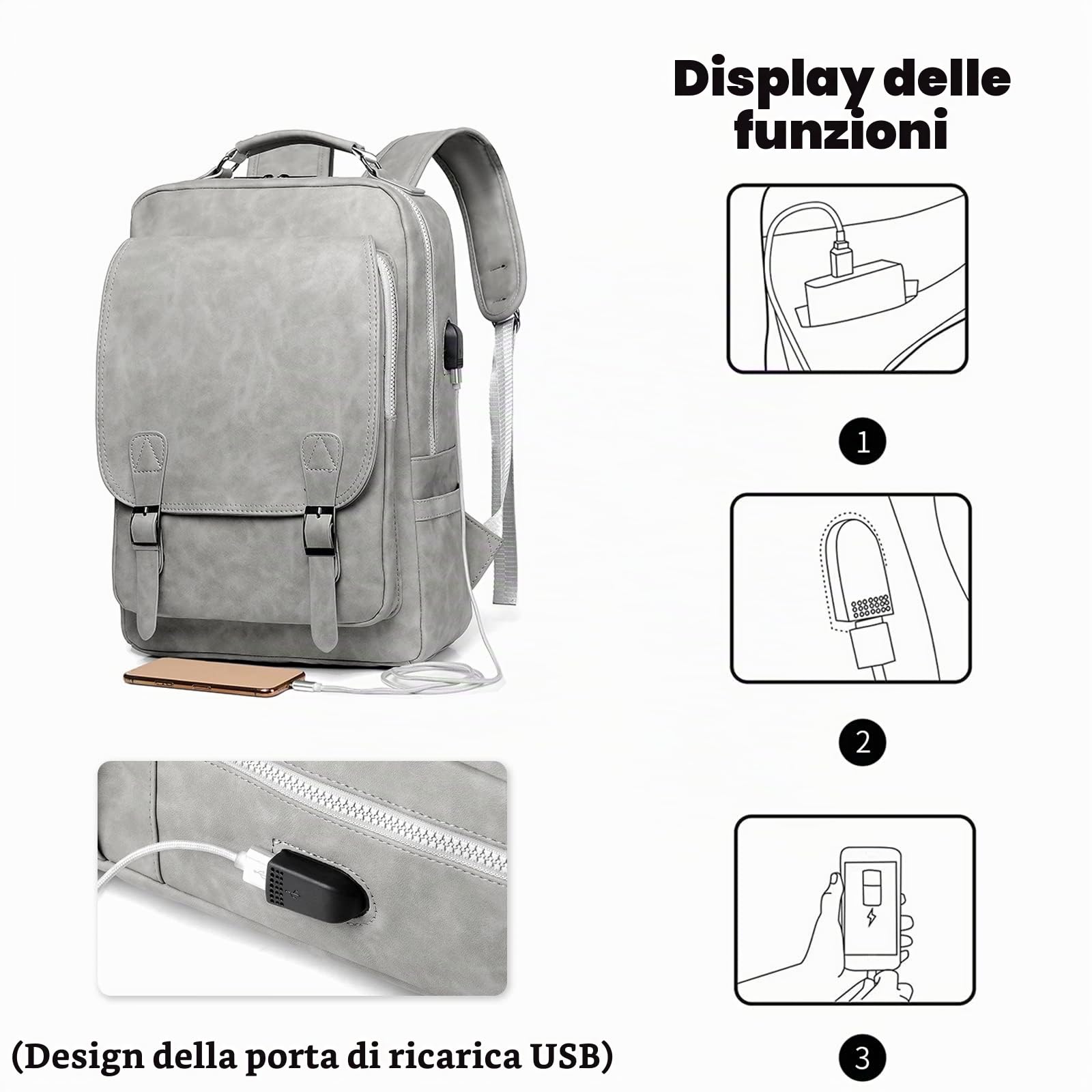 FANDARE Zaino Porta PC Impermeabile - Borsa Scuola in PU Pelle per Uomo e Donna - Daypack per Business, Viaggio, Lavoro Cachi