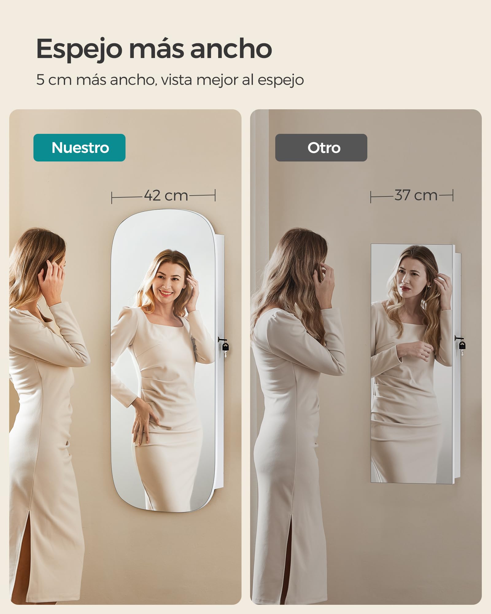 SONGMICS Armario para Joyas, Espejo Joyero de Pared, Organizador con Luz LED y Cerradura, Varios Compartimentos, para Pendiente, Collar, Superficie Blanca y Forro Gris Beige JJC026W01