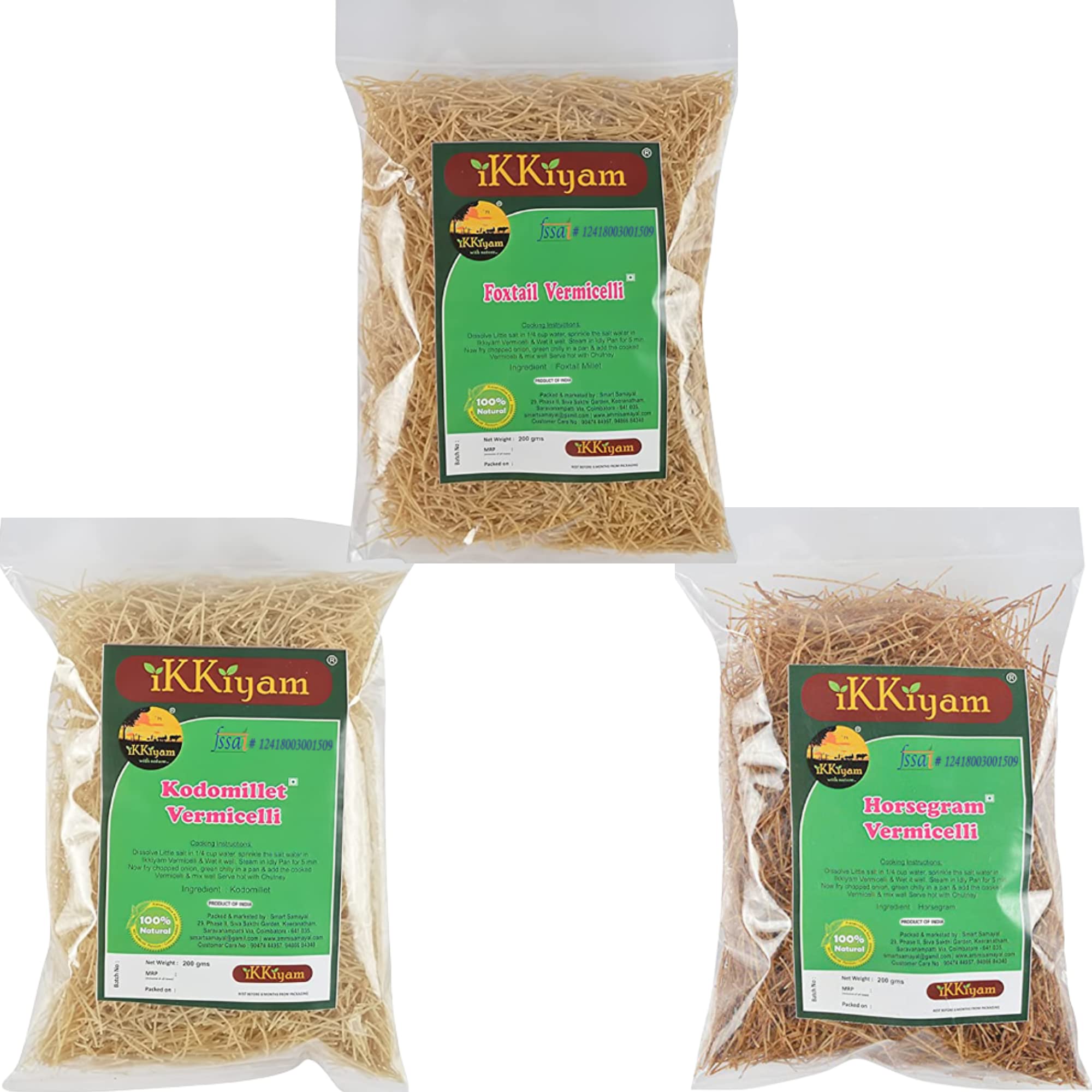 Ikkiyam Combo of Foxtail Millet Vermicelli (semia), Kodomillet Vermicelli (semia) and Horsegram Vermicelli (semia), 600 Grams (B074K1Z84M) Amazon Price History, Amazon Price Tracker