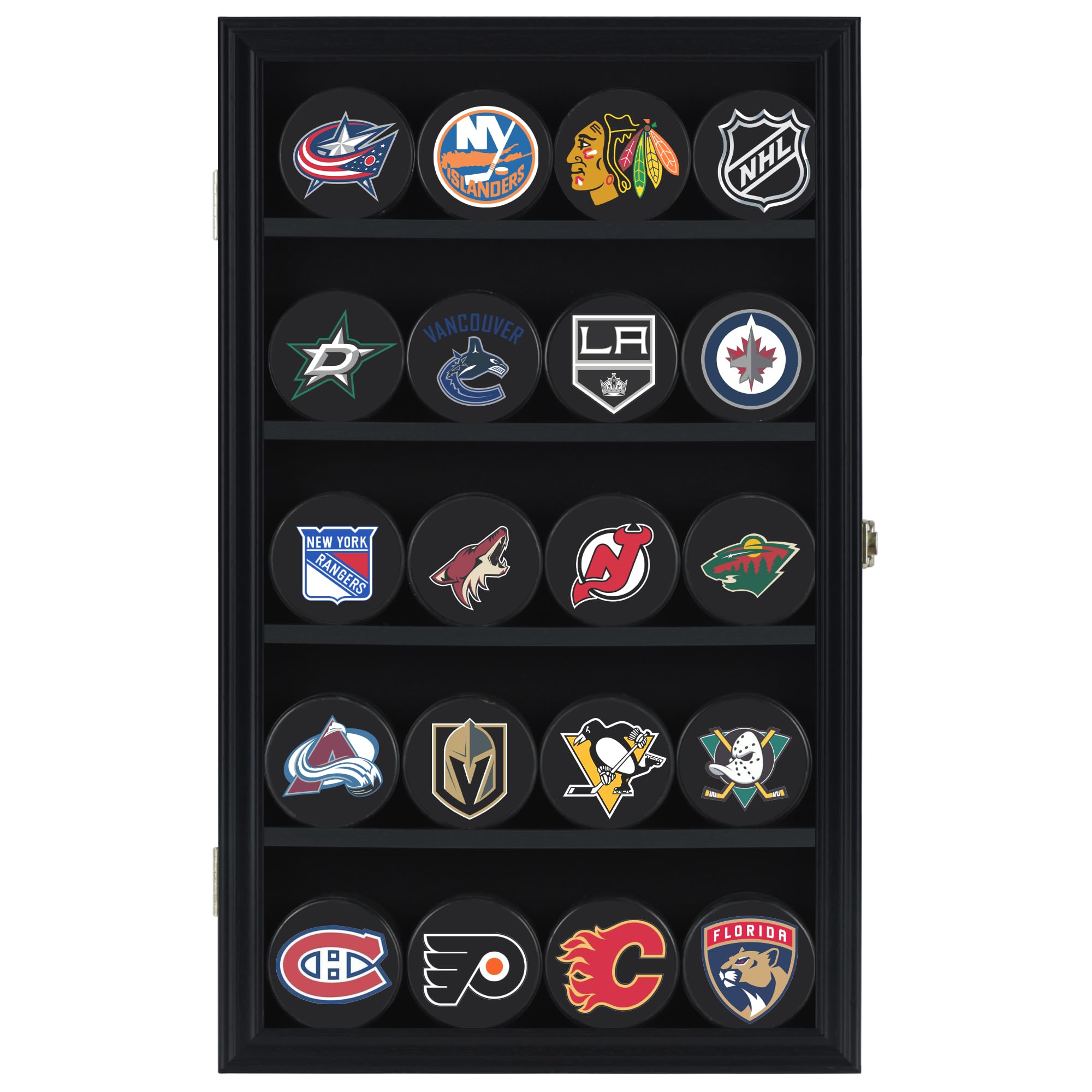 20 Hockey Puck Display Case Cabinet Holder Wall Rack 98% UV Protection Also Fits Pucks in Square Plastic Case (Black Finish)