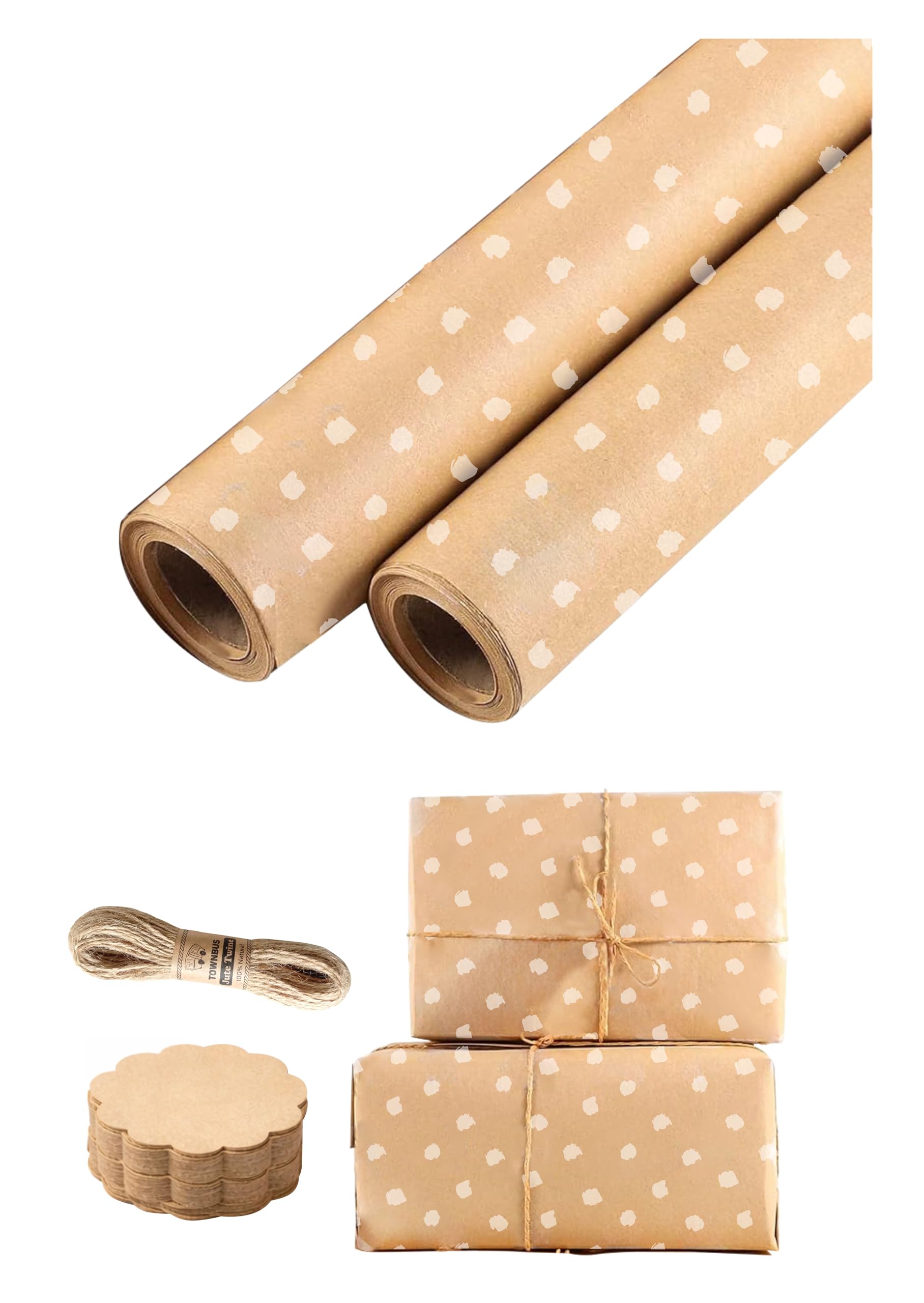 TOWNBUS Kraft Wrapping Paper Pack of 10 (45cm x 60cm, 100 GSM) | White Smudge Dots Print | Includes 10 Tags & Jute Ropes | Ideal for Gift Packing, Bouquet Wrapping & DIY Crafts
