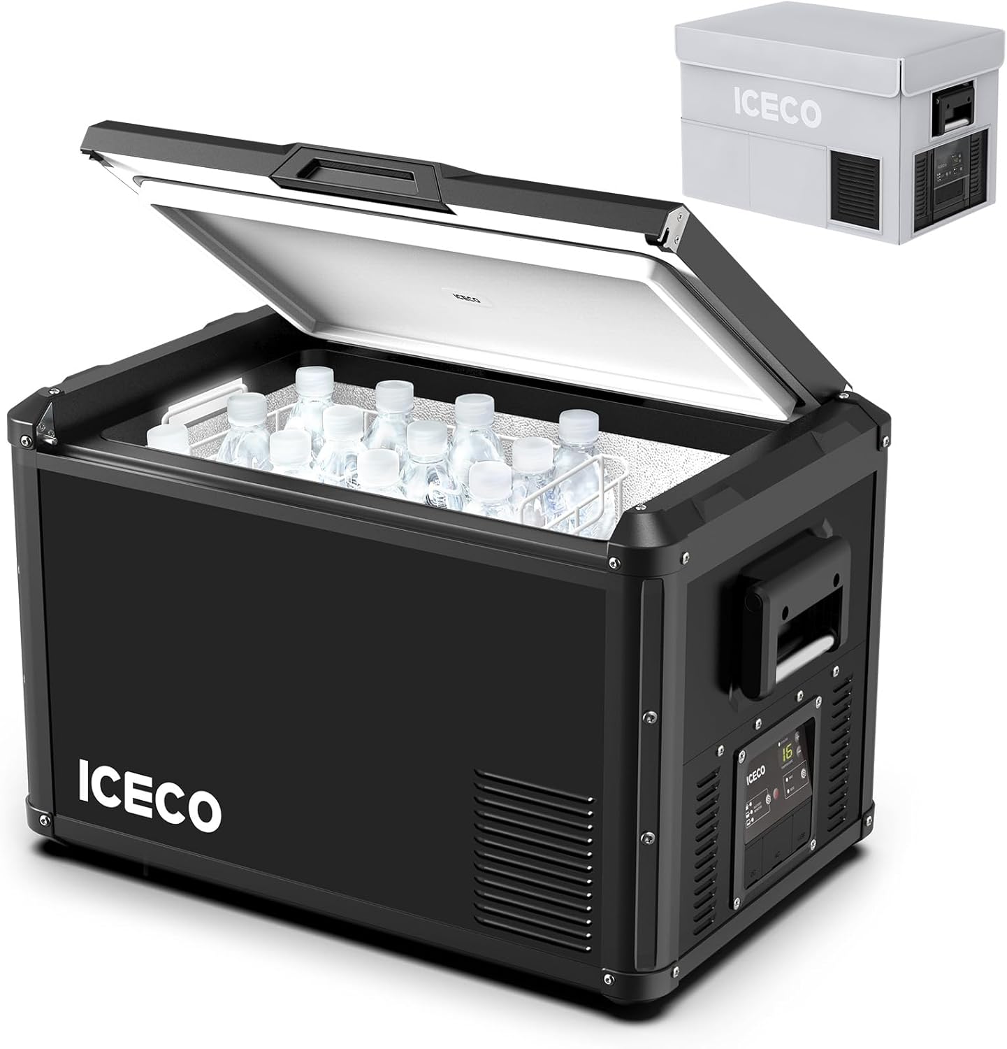 ICECO VL60 ProS portable refrigerator with lid open, showing bottles inside, and a smaller unit in the background.