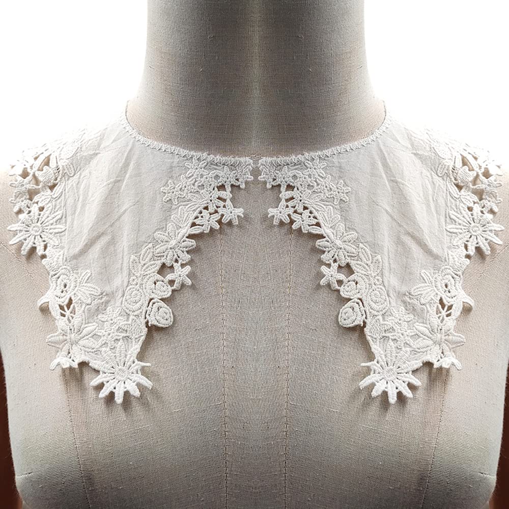 Wambere Collare in pizzo con ricamo, colletto in pizzo, decorazione in pizzo, per abito fai da te, pizzo rimovibile, chiffon, colletto falso, bianco