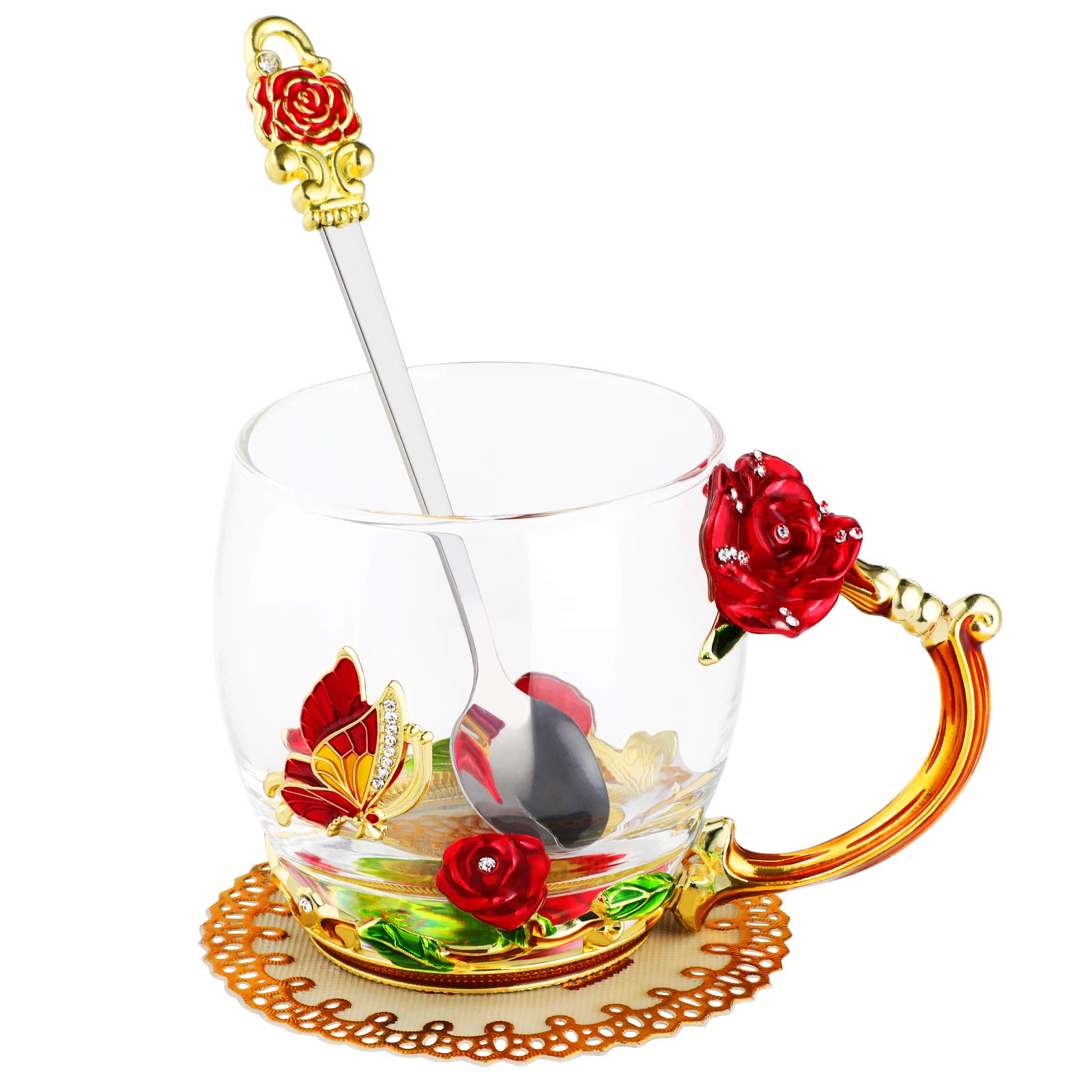 Tasses à café en verre artisanal rouge avec sous-verre chic