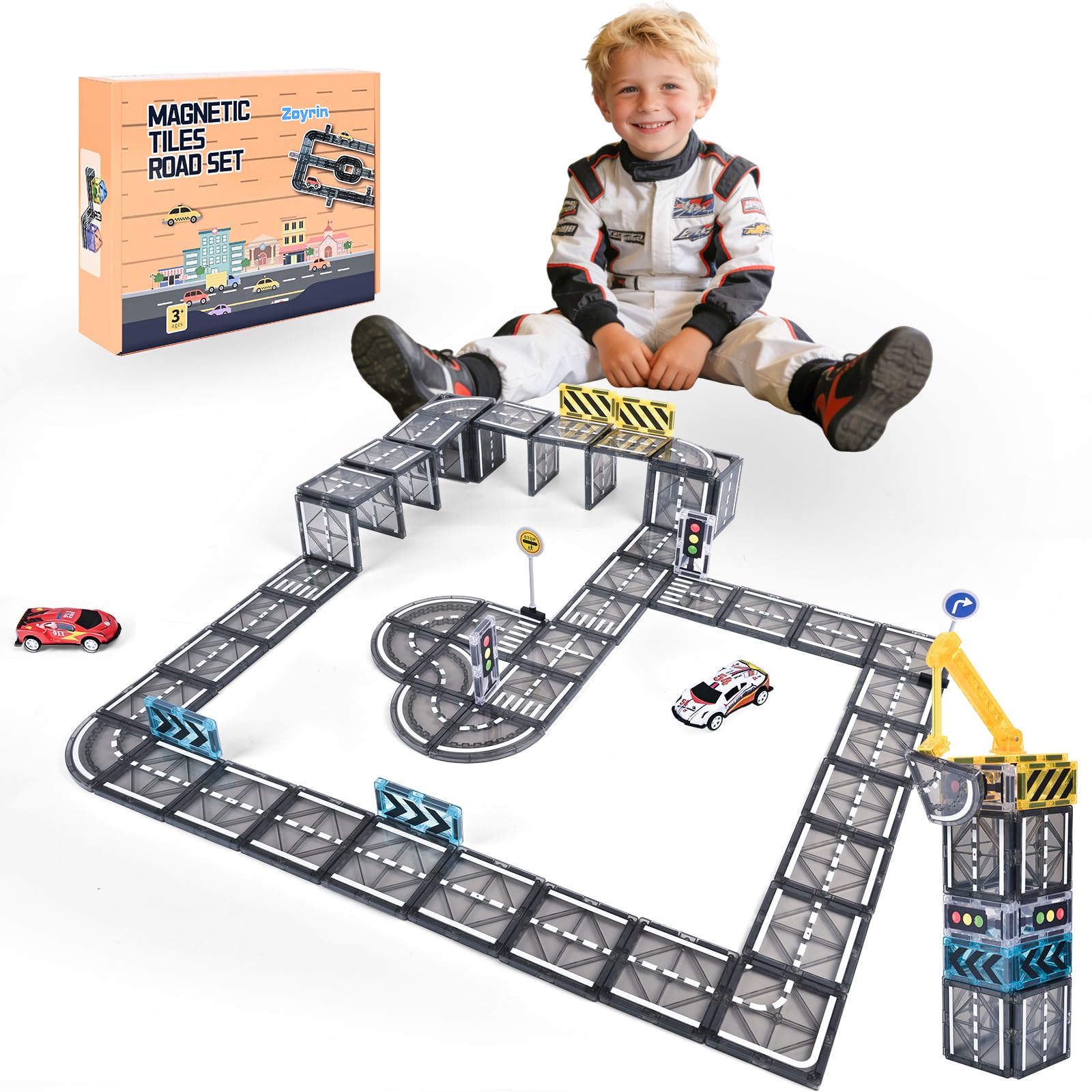 66PCS Magnetic Tiles Road Set for Kids - Educational Building Toys with Mini Tiles, 40 Tracks/Junctions, Road Signs & Traffic Lights Safe Ages 3+