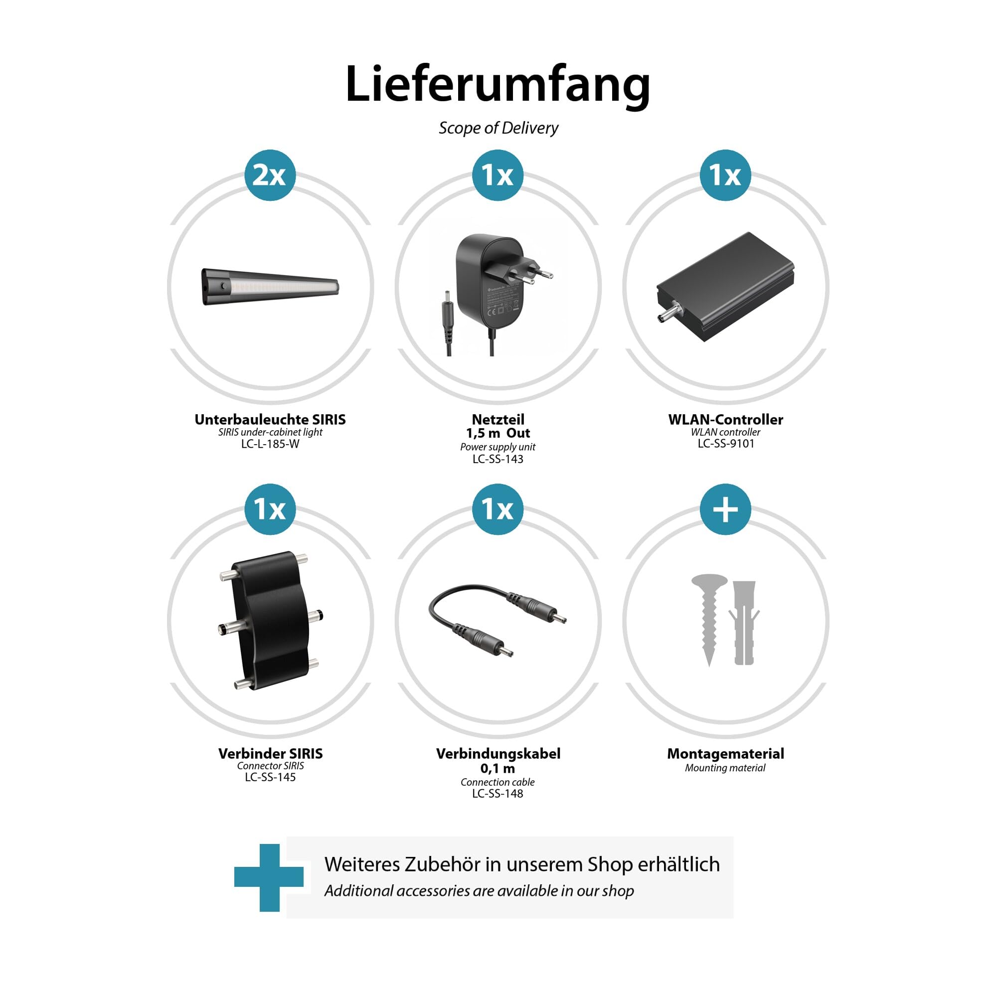 ledscom.de Inteligentne oświetlenie podszafkowe LED SIRIS czarny mat, płaski kontroler WLAN, inteligentny dom, z obsługą Alexa, 30 cm każdy, 370 lm każdy, biały, zestaw 2 szt.