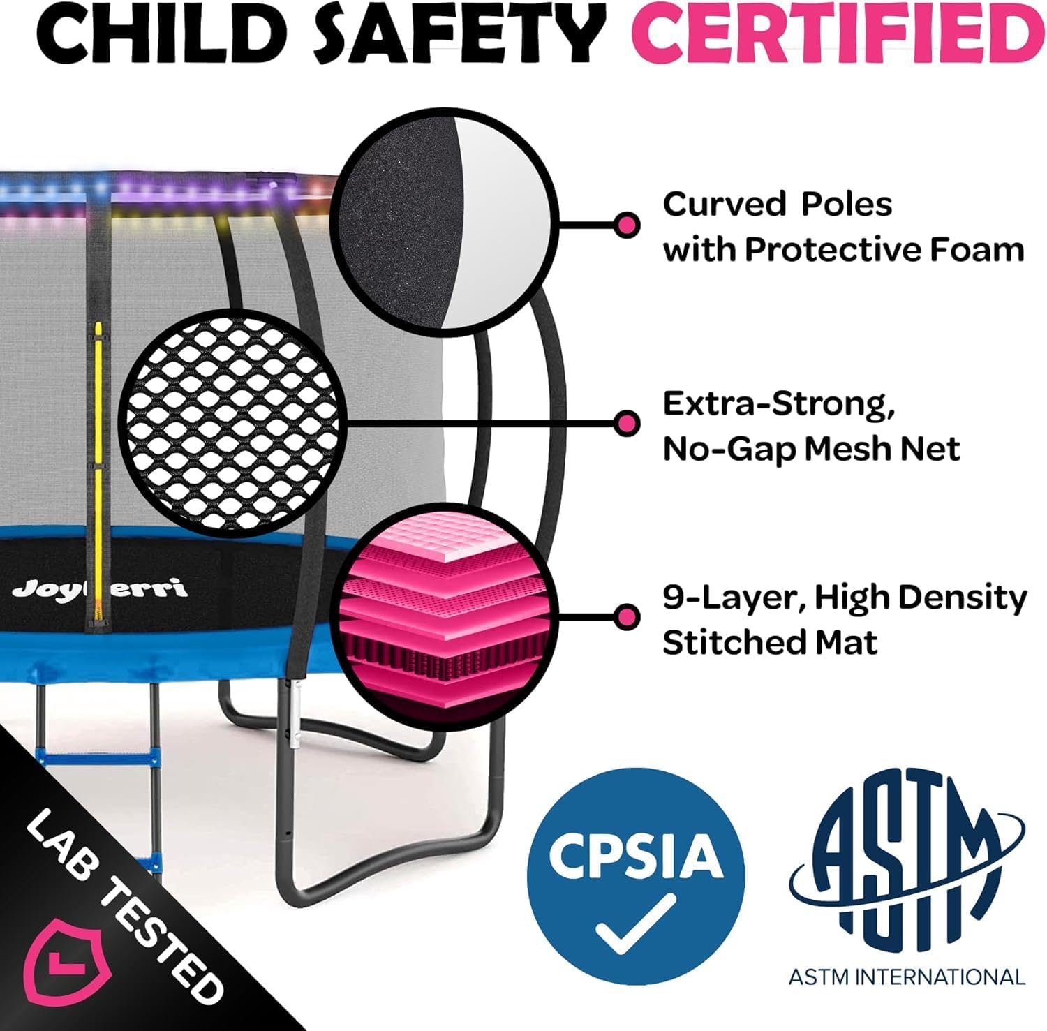 JoyBerri Trampoline Outdoor - Upsurge ASTM Certified Safe 8Ft 10Ft 12Ft 14Ft 15Ft 16Ft Recreational Trampoline for Kids and Adults. Anti-Rust Coating with Enclosure Net, Ladder, Sprinkler & LED Lights