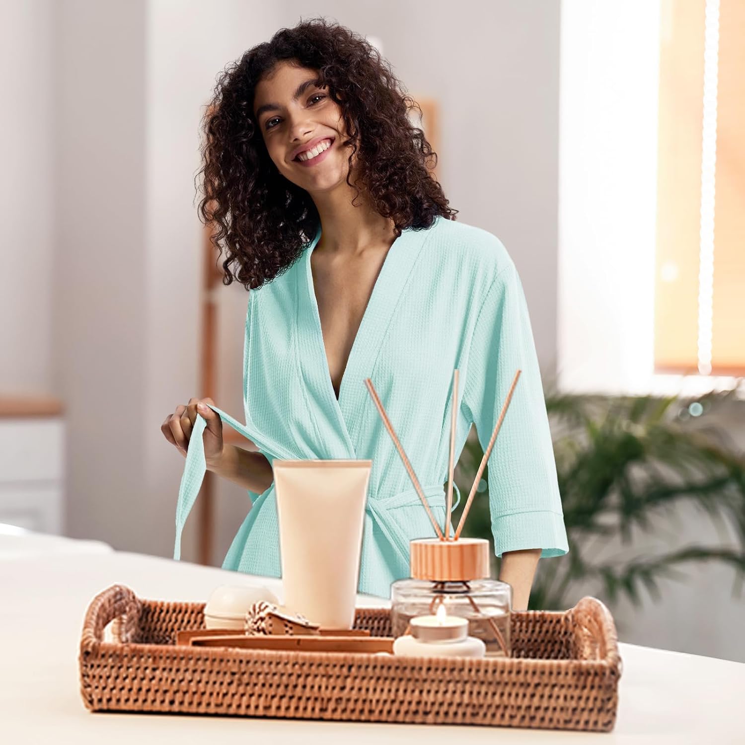 SIORO Women's Waffle Knit Lightweight Robe, Short Kimono Bathrobe with Pockets, Soft 3/4 Sleeve Loungewear for Spa & Summer - Image 7