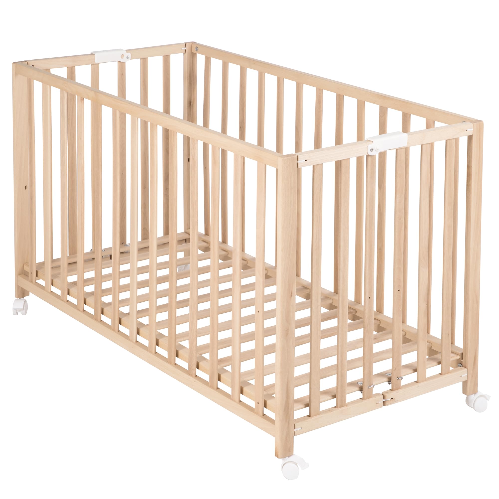 roba Lettino Pieghevole Fold Up 60 x 120 cm - per Neonati e Bambini - Regolabile in 3 Altezze Diverse - Ruote con Freni - Capacità Max 40 kg - Faggio Biologico Naturale