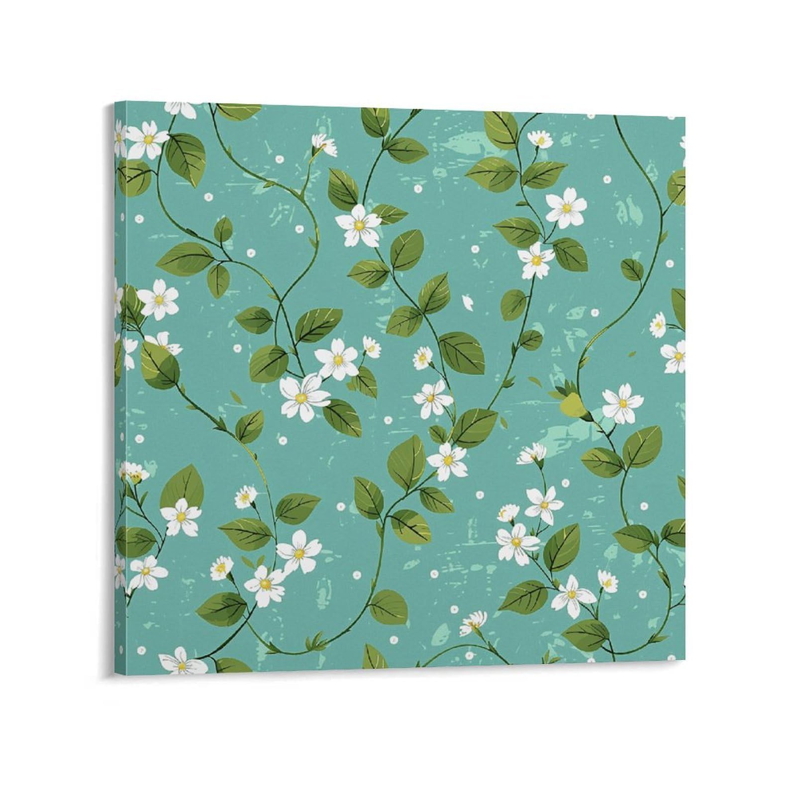 Flowers And Green Leaves Canvas Wall Art for Bedroom 20x20inch(50x50cm) Canvas Prints Artwork for Walls Modern Picture Artwork Painting for Living Room Aesthetic Wall Paintings for Bathroom Kitchen Of